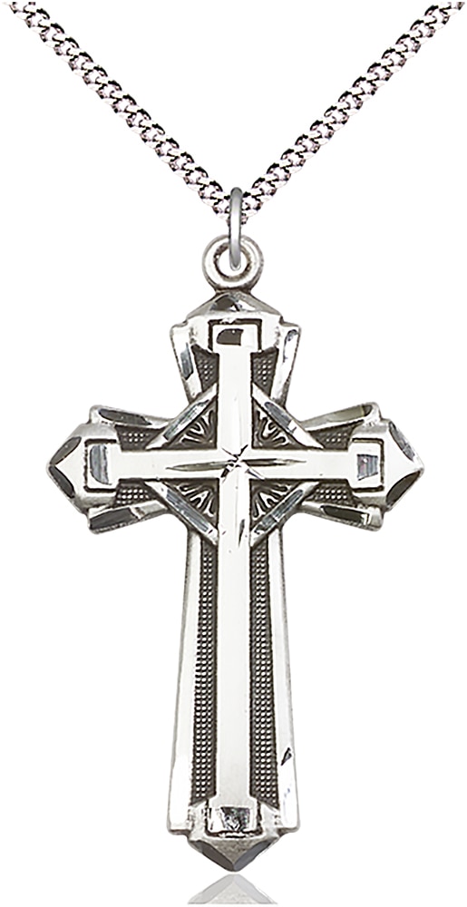 Cross Medal  Medal Measures 1 5/8-inch tall by 7/8-inch wide  Chain is 18 Inches in length Light Rhodium Light Curb Chain with Lobster Claw Clasp Handmade in the USA