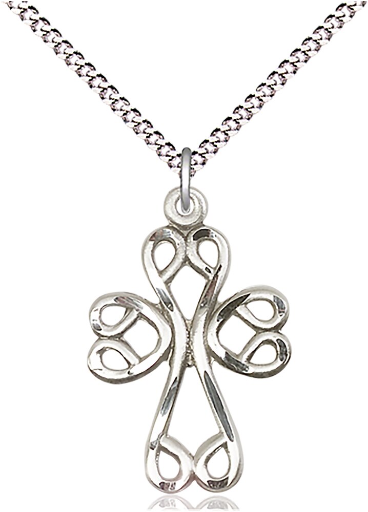 Sterling Silver Scroll Cross Pendant on an 18-inch Light Rhodium Light Curb Chain.  Handmade in the USA