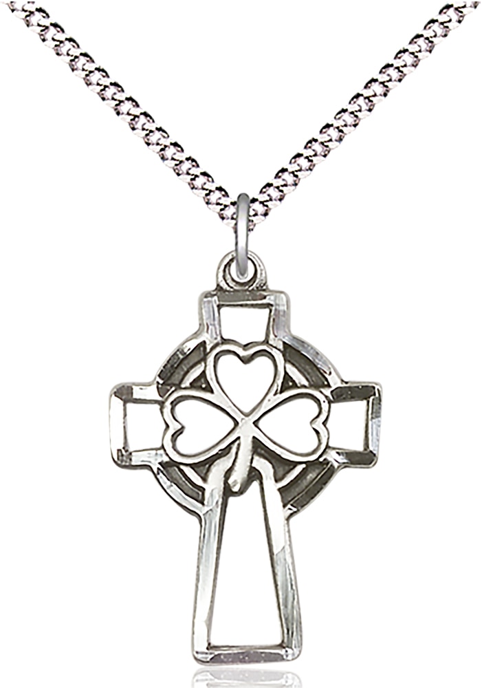 Sterling Silver Shamrock Cross Pendant on an 18-inch Light Rhodium Light Curb Chain.  Handmade in the USA