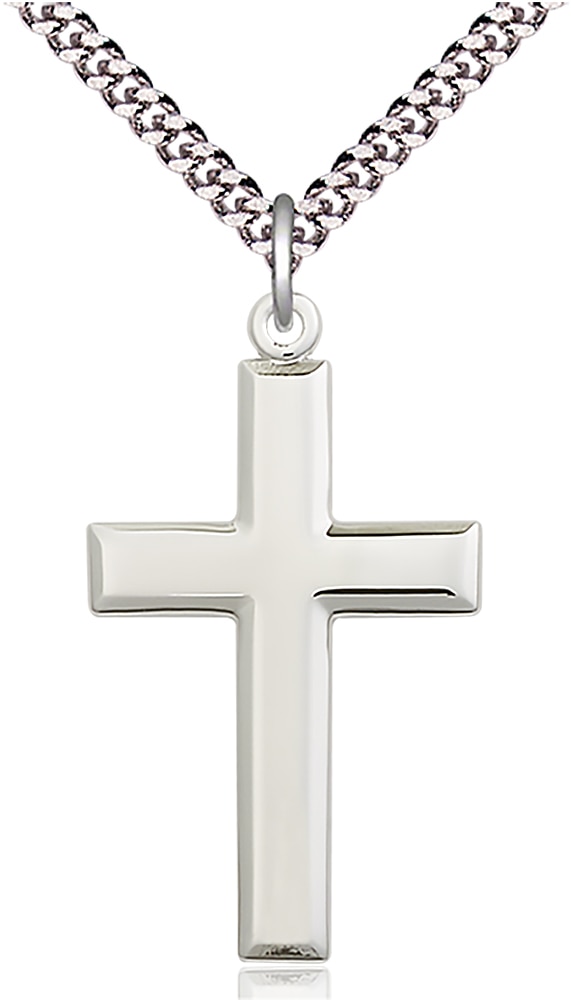 Sterling Silver Cross Pendant on an 24-inch Light Rhodium Heavy Curb Chain.  Handmade in the USA