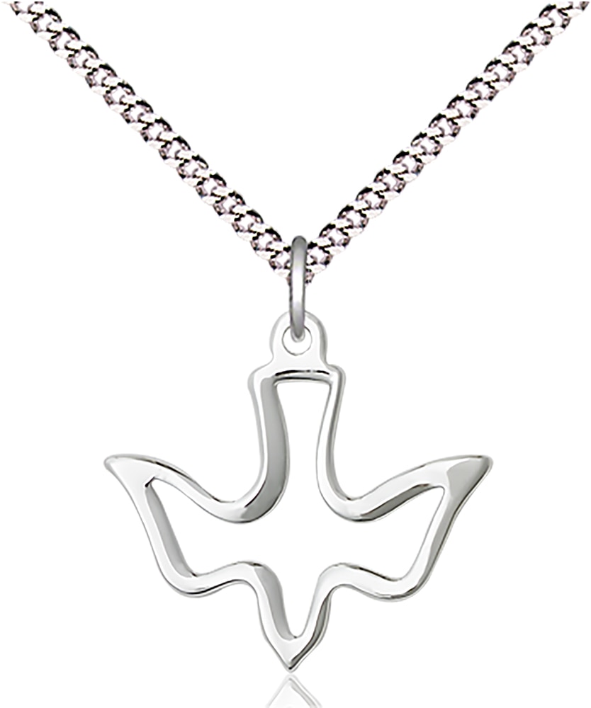 Sterling Silver Holy Spirit Pendant on a 18 inch Light Rhodium Light Curb Chain.