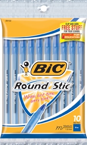 BIC Round Stic Xtra Life Ball Pen Medium 1.0mm Blue Ink 10 Count