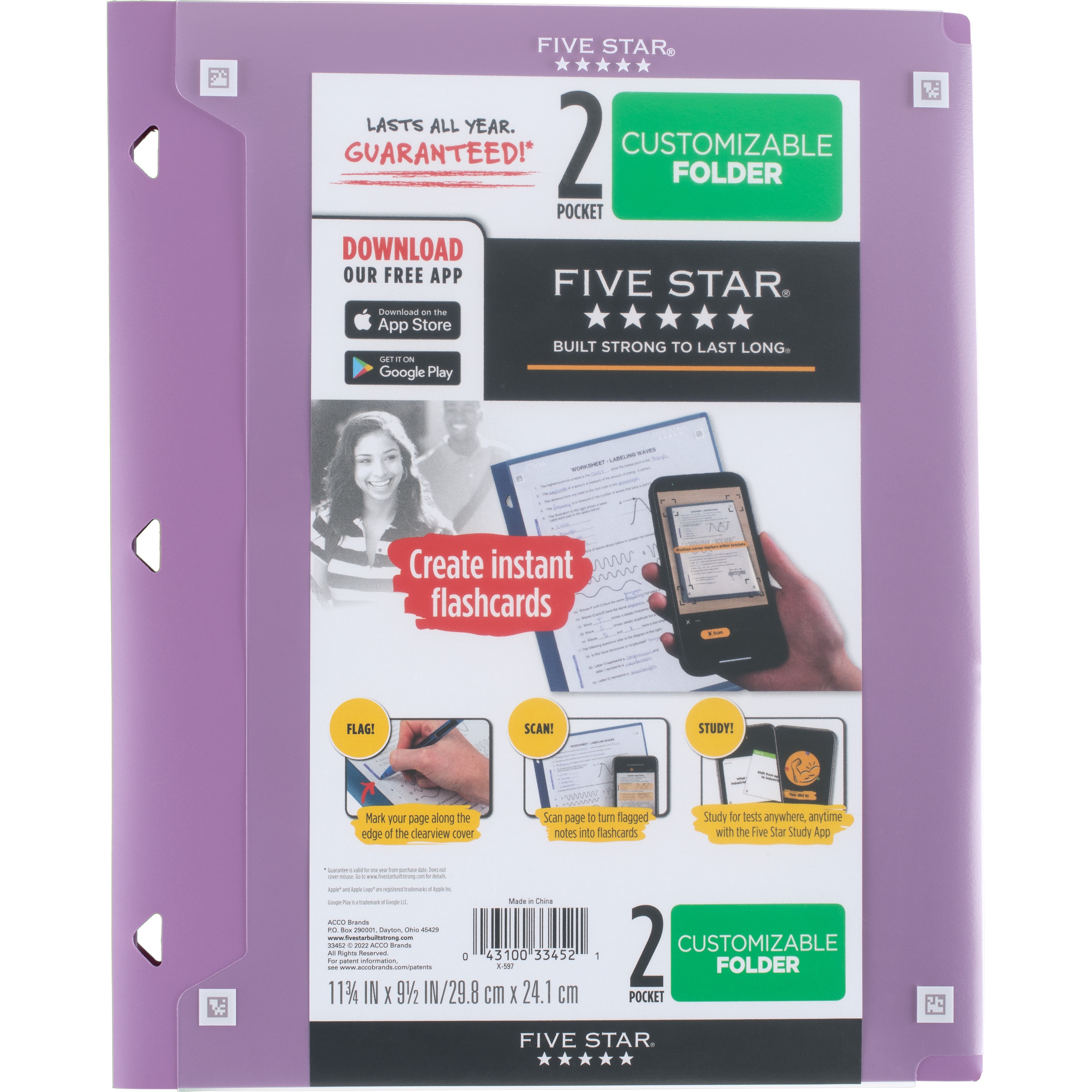 Five Star Customizable Plastic Folder 9 x 11  Assorted Colors