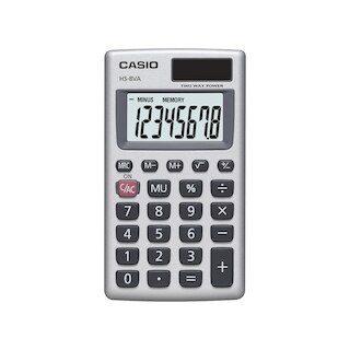 Battery and Solar Power The CASIO HS-8VE calculator operates in well-lit areas using solar cell while in other light settings using battery power. The dual power HS-8VE has a large, easy to read 8-digit display.