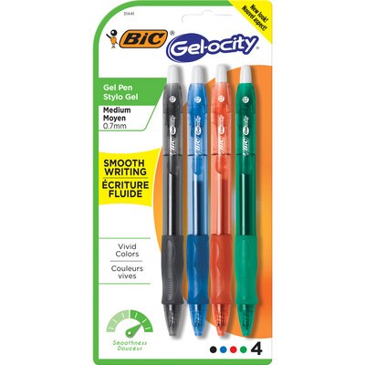 BIC Gelocity Original Retractable Gel Pen Medium Point 0.7mm Assorted Colors 4Pack