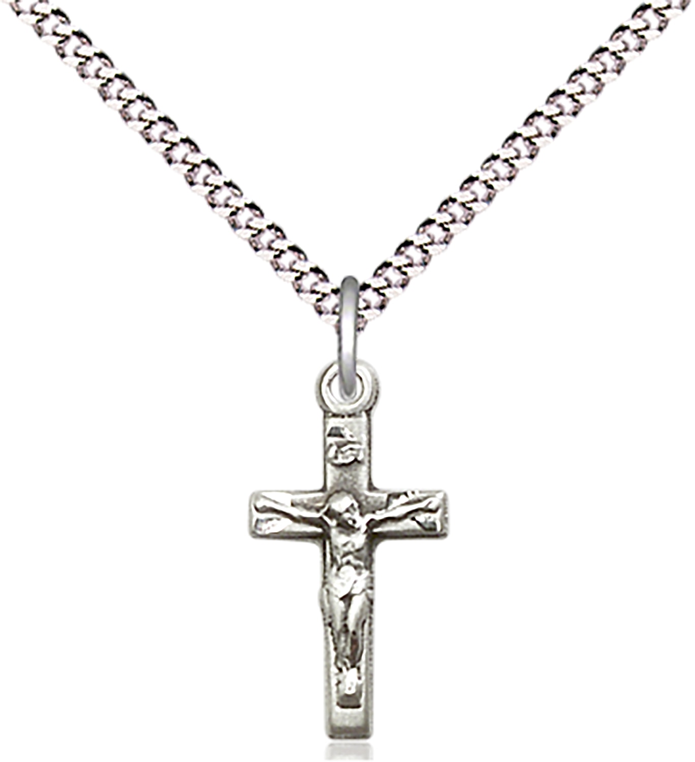 Sterling Silver Crucifix Pendant on an 18-inch Light Rhodium Light Curb Chain.  Handmade in the USA