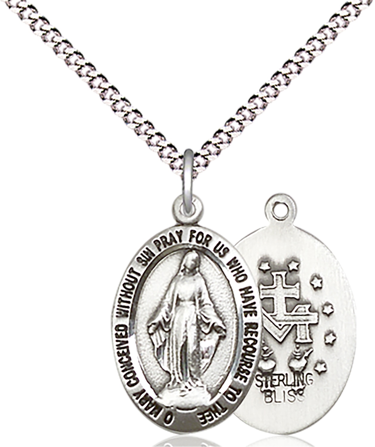 Sterling Silver Miraculous Pendant on an 18-inch Light Rhodium Light Curb Chain.  Handmade in the USA