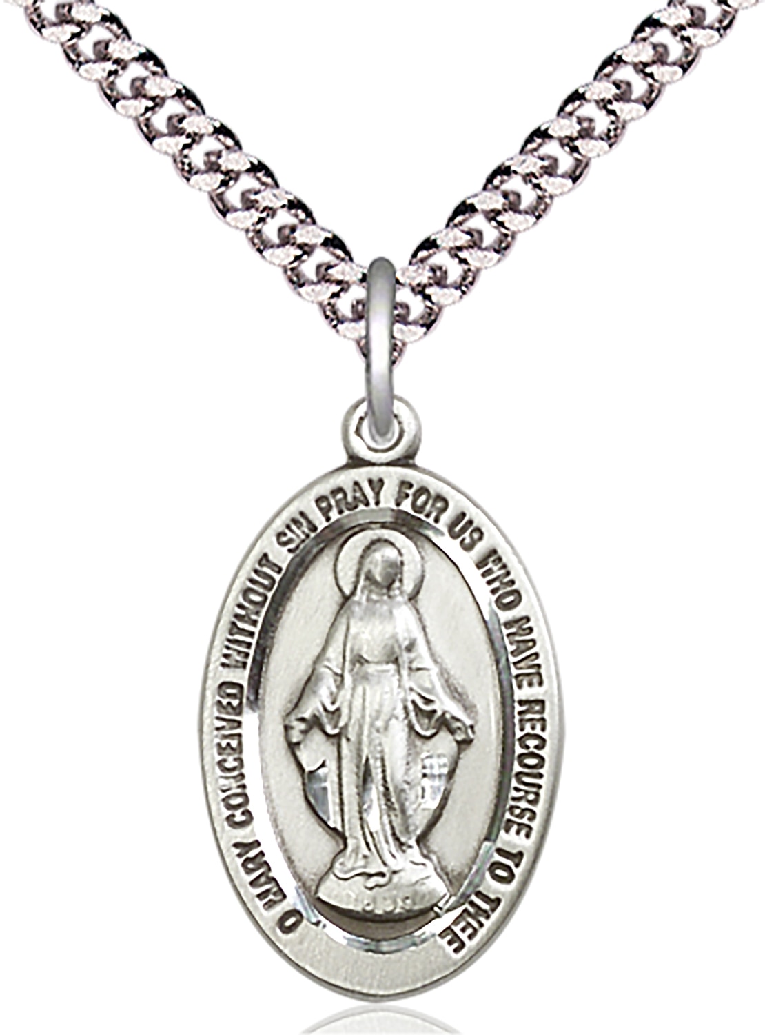 Sterling Silver Miraculous Pendant on an 24-inch Light Rhodium Heavy Curb Chain.  Handmade in the USA