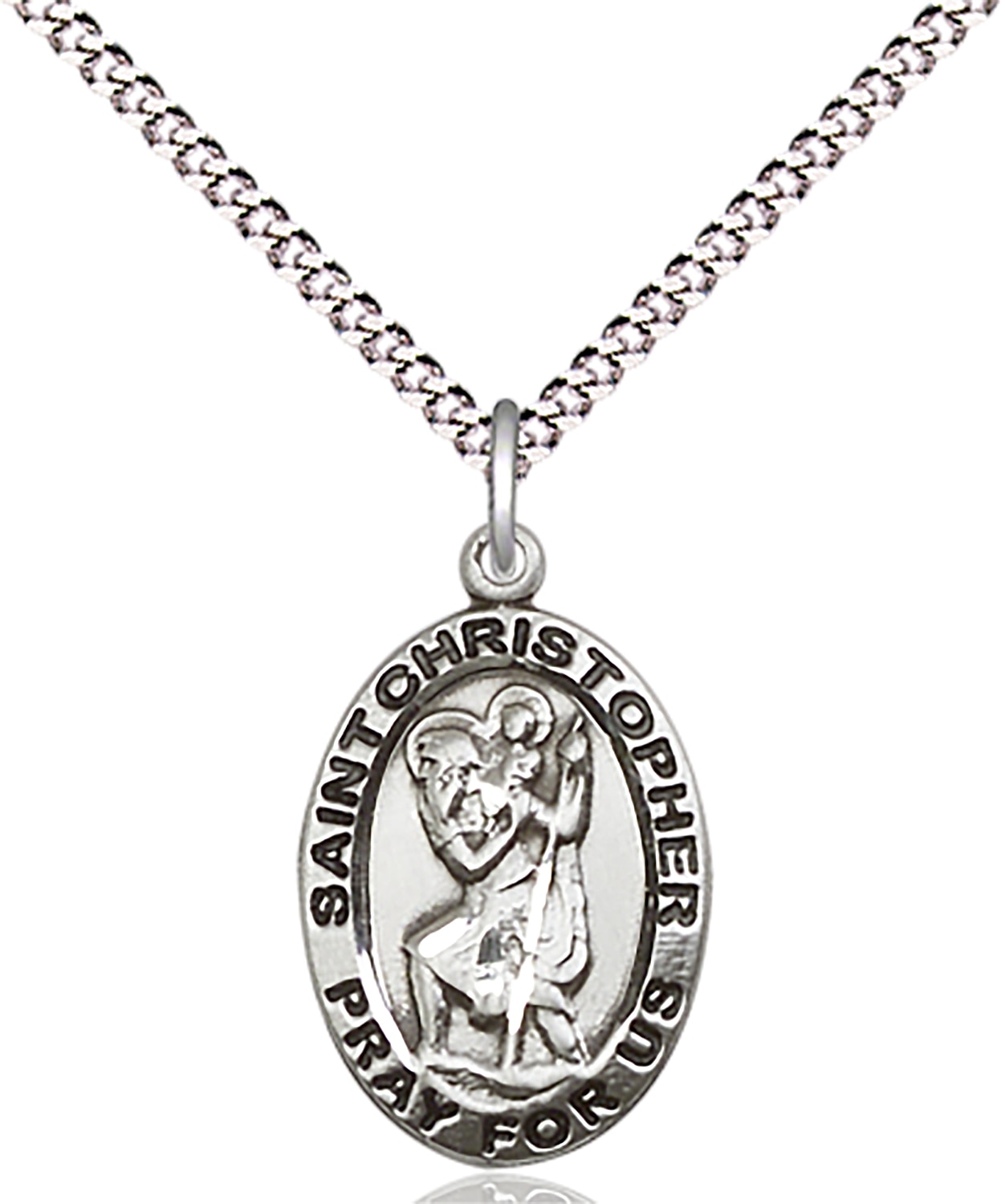 Sterling Silver Saint Christopher Pendant on an 18-inch Light Rhodium Light Curb Chain.  Handmade in the USA