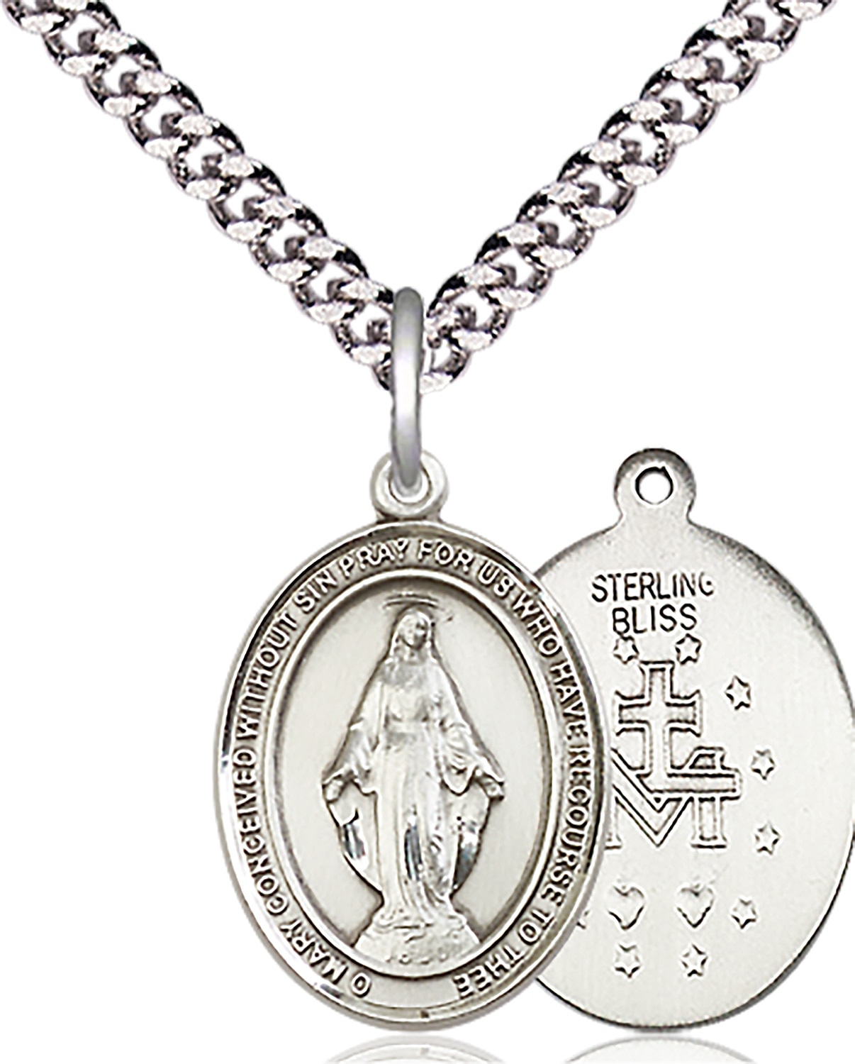 Sterling Silver Miraculous Pendant on an 18-inch Light Rhodium Heavy Curb Chain.  Handmade in the USA