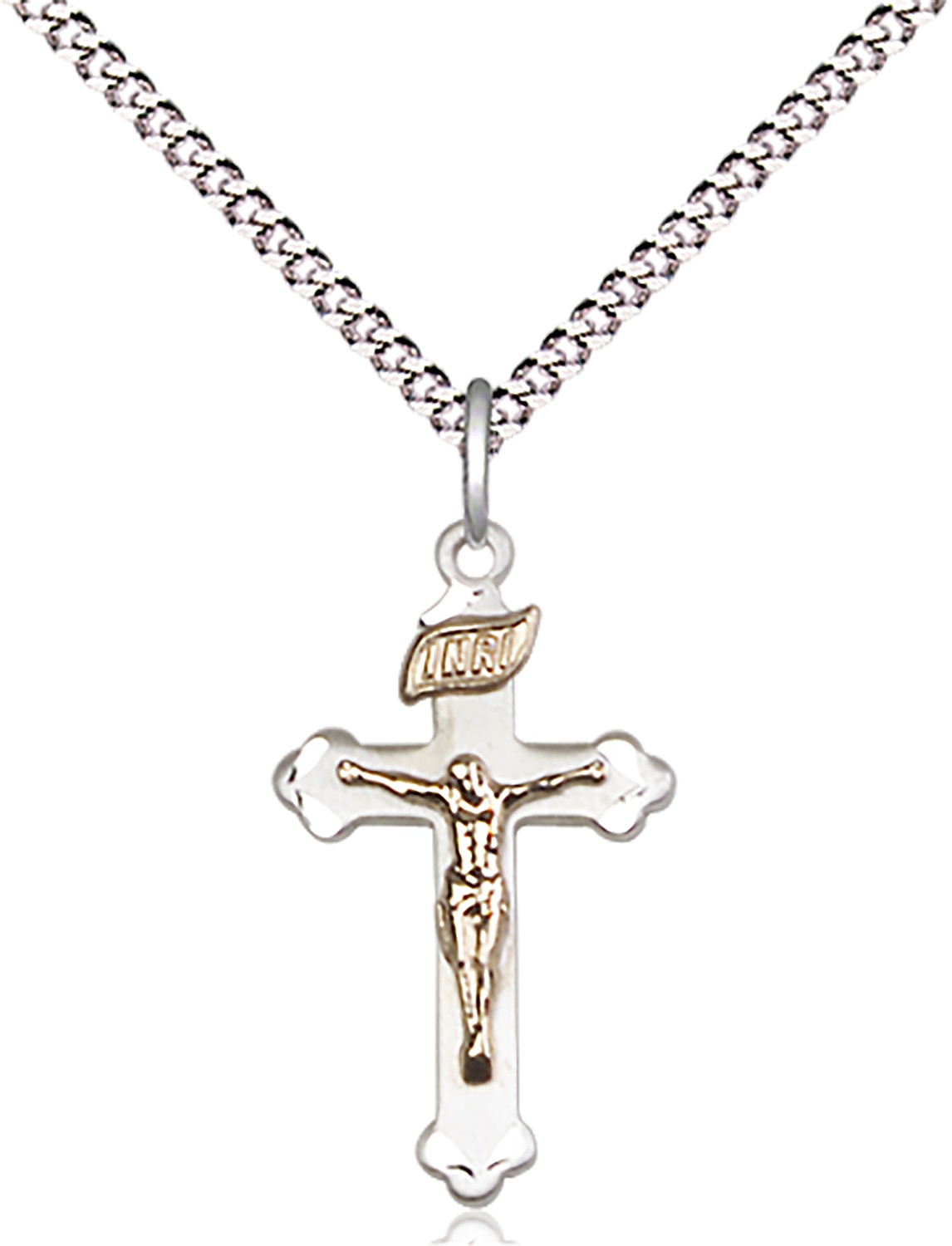 Two-Tone GF/SS Crucifix Pendant on an 18-inch Light Rhodium Light Curb Chain.  Handmade in the USA