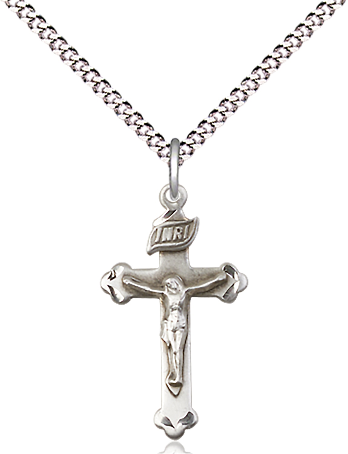 Sterling Silver Crucifix Pendant on an 18-inch Light Rhodium Light Curb Chain.  Handmade in the USA