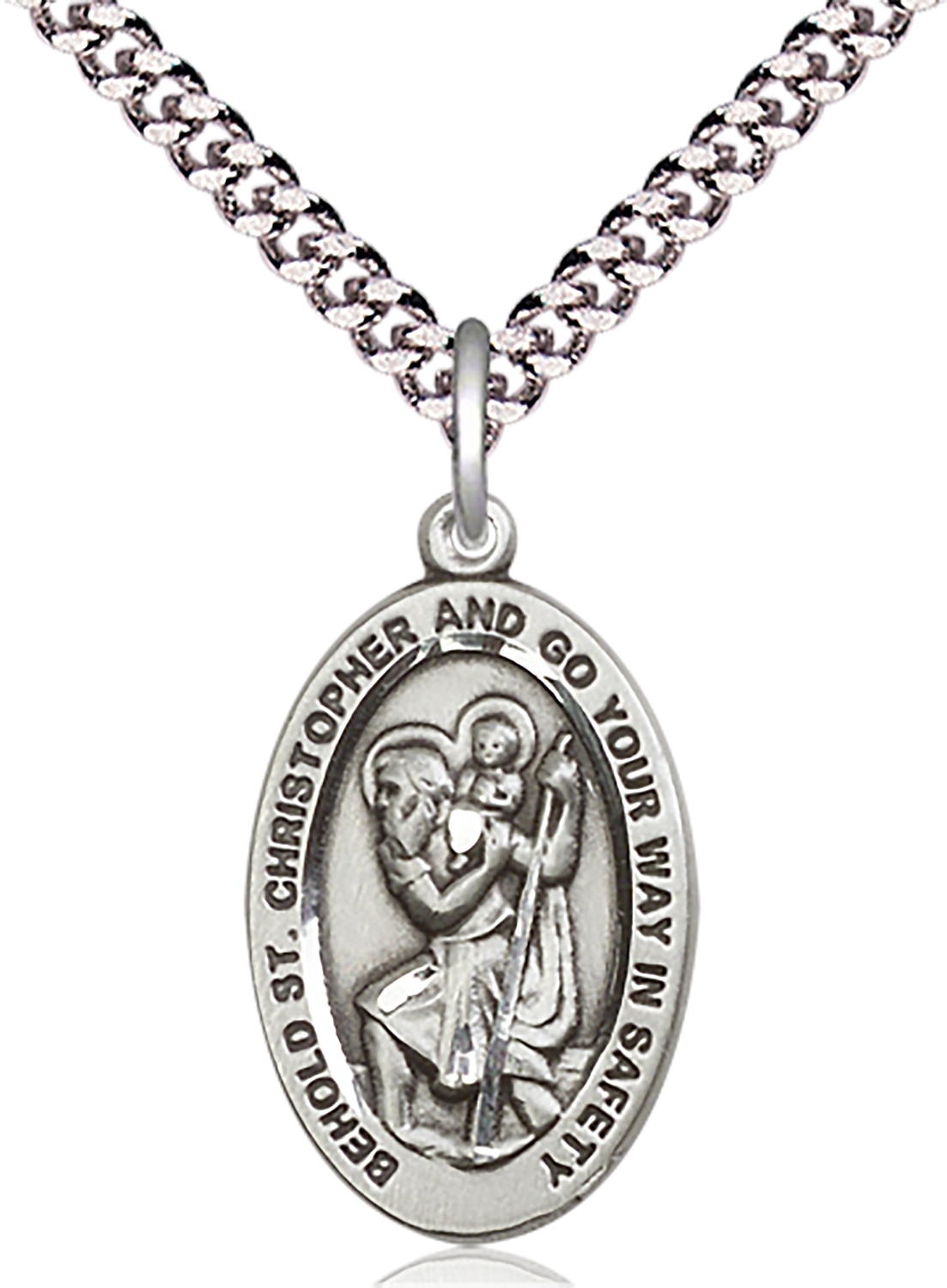 Sterling Silver Saint Christopher Pendant on an 24-inch Light Rhodium Heavy Curb Chain.  Handmade in the USA