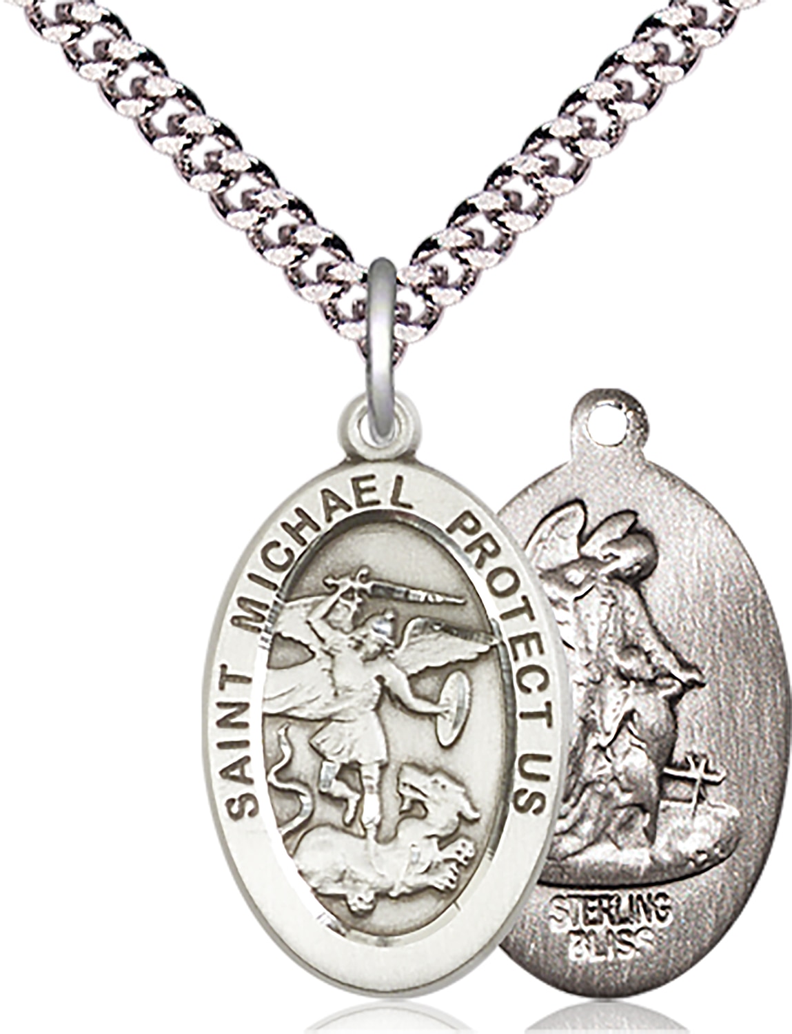 Sterling Silver Saint Michael the Archangel Pendant on an 24-inch Light Rhodium Heavy Curb Chain.  Handmade in the USA