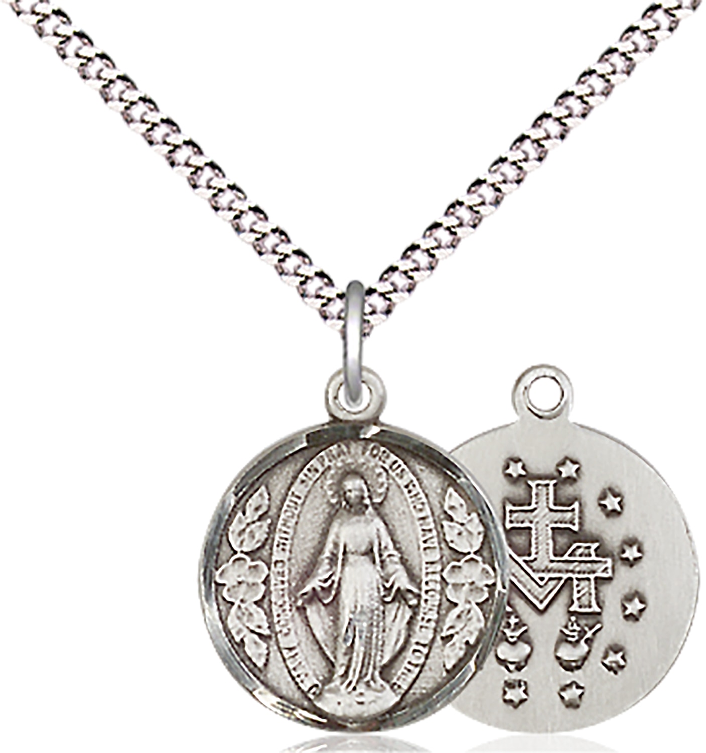 Miraculous Medal  Medal Measures 5/8-inch tall by 1/2-inch wide  Chain is 18 Inches in length Light Rhodium Light Curb Chain with Lobster Claw Clasp Handmade in the USA