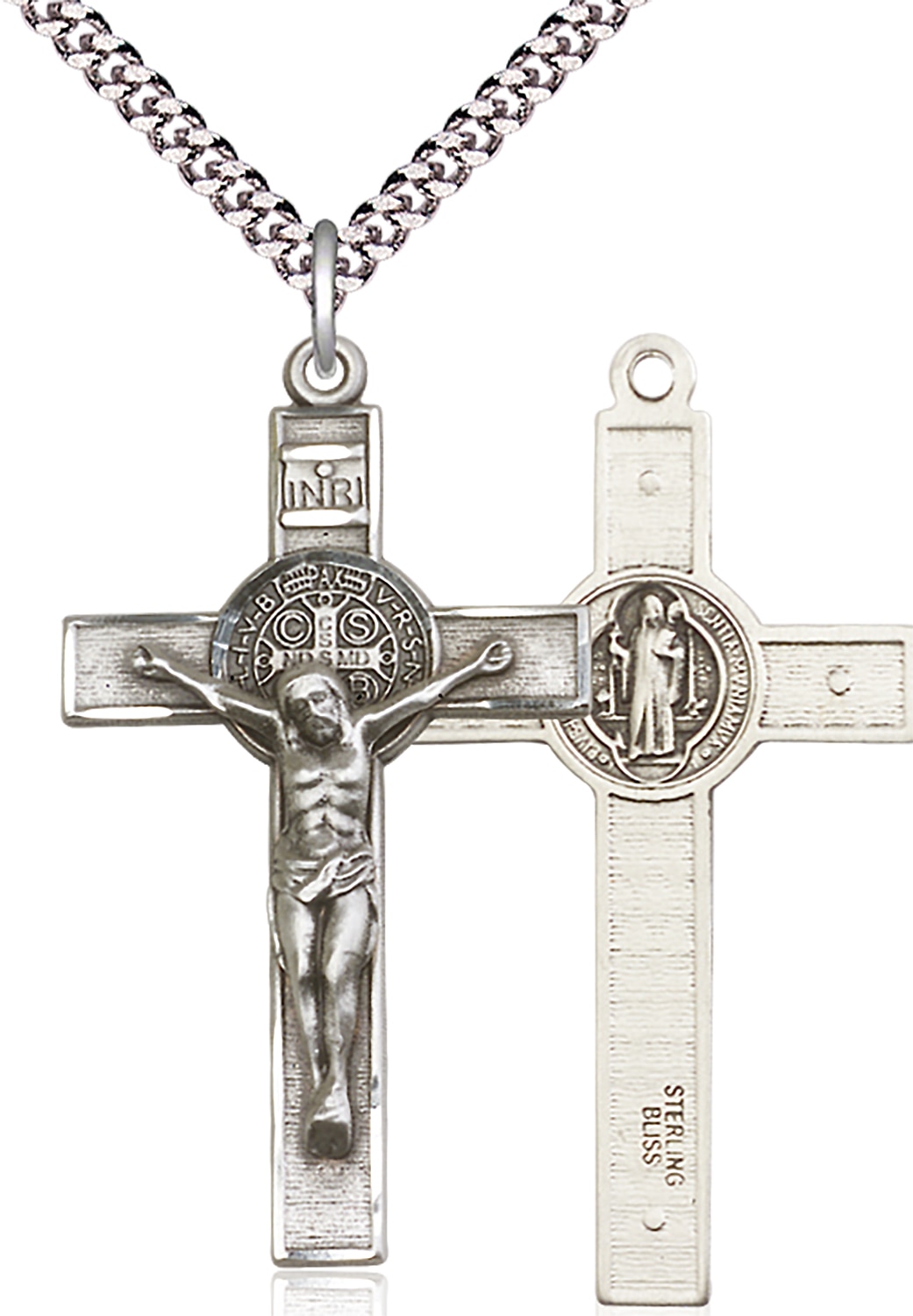 Sterling Silver Saint Benedict Crucifix Pendant on an 24-inch Light Rhodium Heavy Curb ChainHandmade in the USA