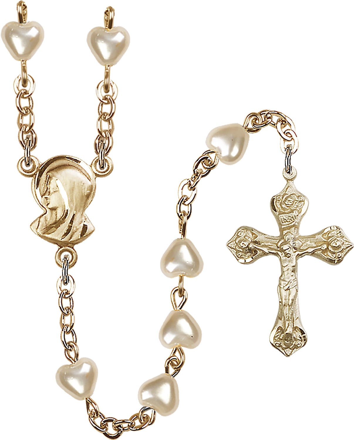 Gold Plate Rosary with 6mm Heart Imitation Pearl Beads and Madonna Center. Handmade in the USA