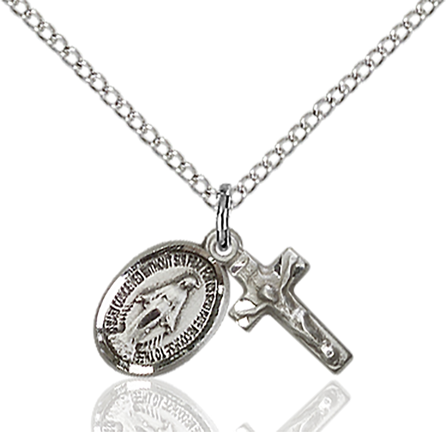 Sterling Silver Miraculous / Crucifix Pendant Set on an 18-inch Light Rhodium Curb Chain.  Handmade in the USA