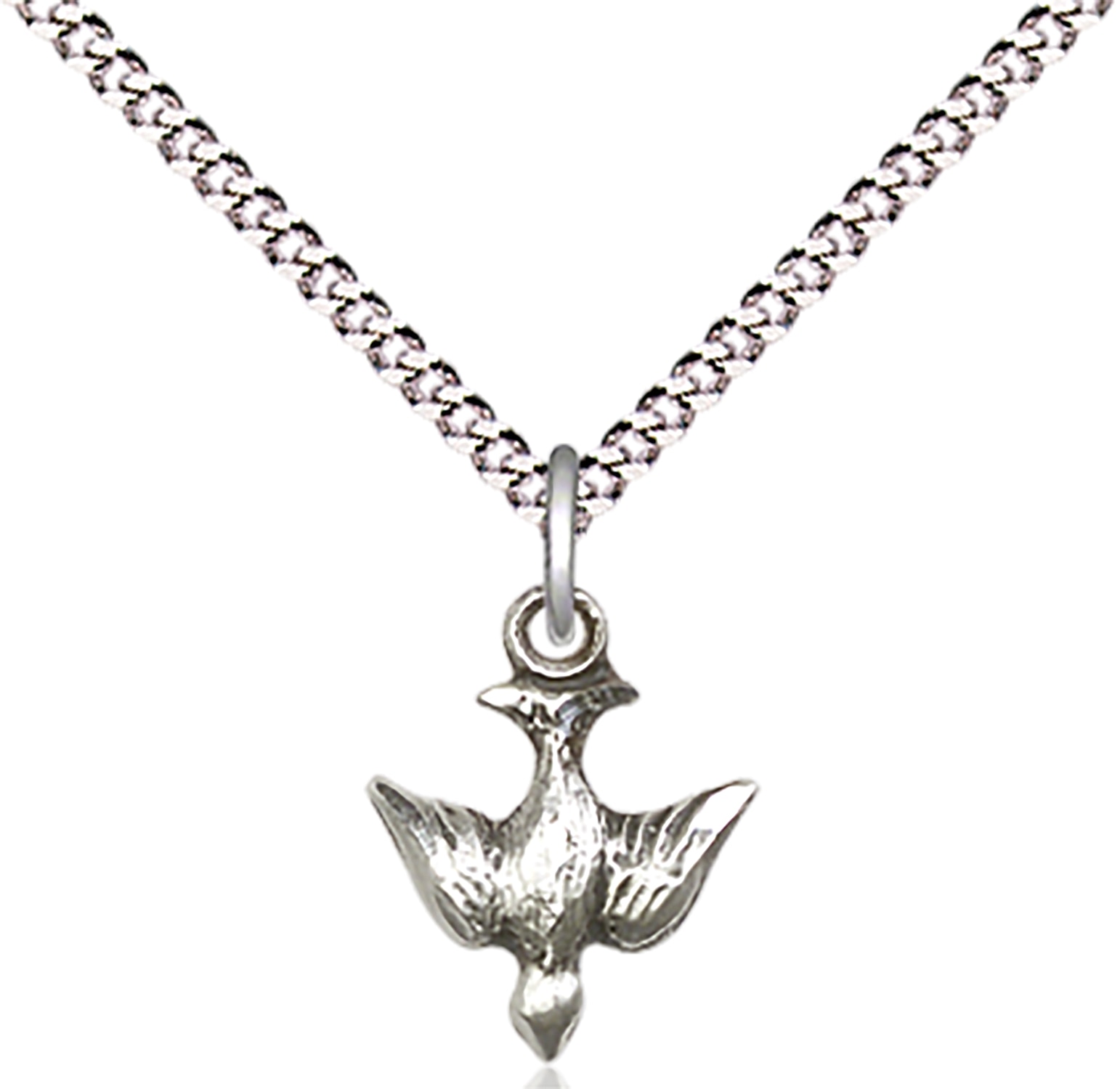 Sterling Silver Holy Spirit Pendant on an 18-inch Light Rhodium Light Curb Chain.  Handmade in the USA