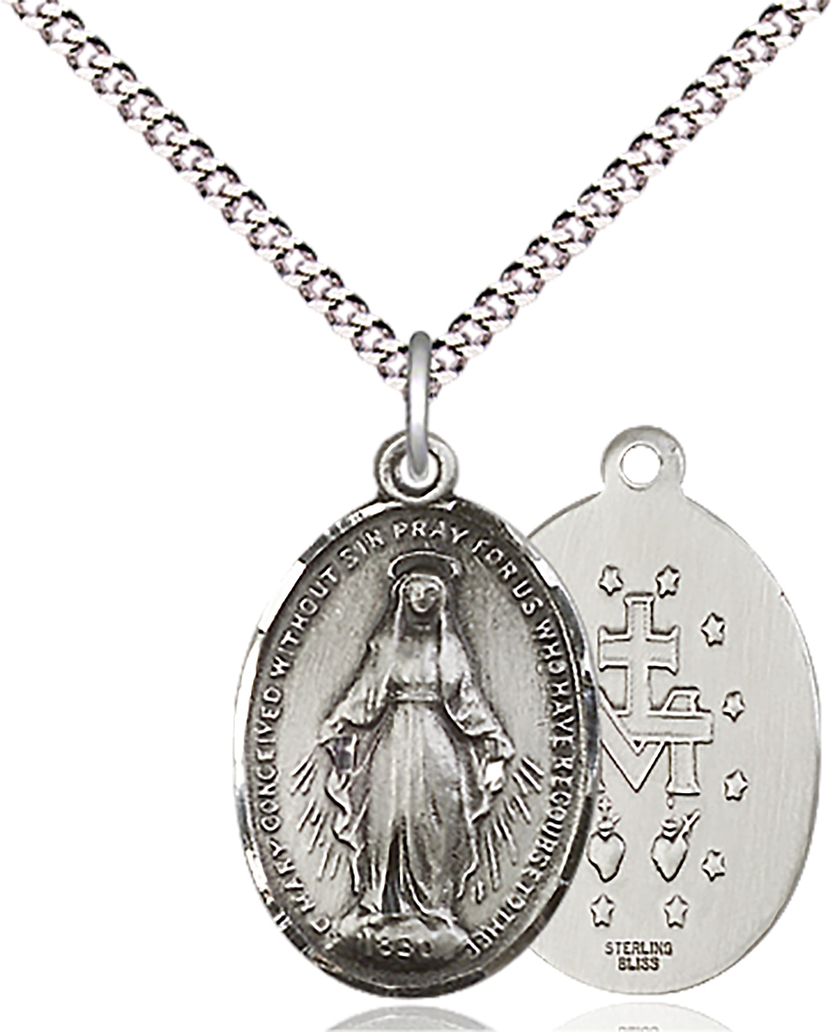 Sterling Silver Miraculous Pendant on an 18-inch Light Rhodium Light Curb Chain.  Handmade in the USA