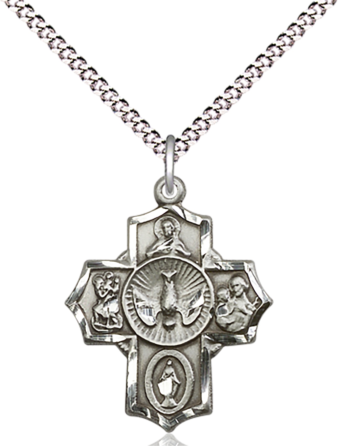 5-Way Medal  The 5-Way Medal features Scapular on the top, Saint Christopher on the right, Miraculous at the bottom, Saint Joseph on the left and Holy Spirit in the center  Medal Measures 7/8-inch tall by 5/8-inch wide  Chain is 18 Inches in length H