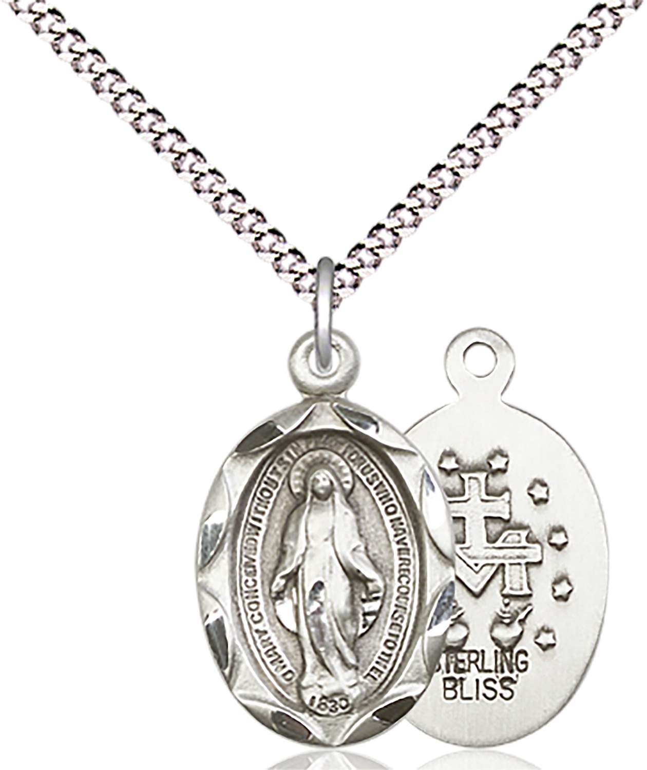 Miraculous Medal  Medal Measures 3/4-inch tall by 3/8-inch wide  Chain is 18 Inches in length Light Rhodium Light Curb Chain with Lobster Claw Clasp Handmade in the USA