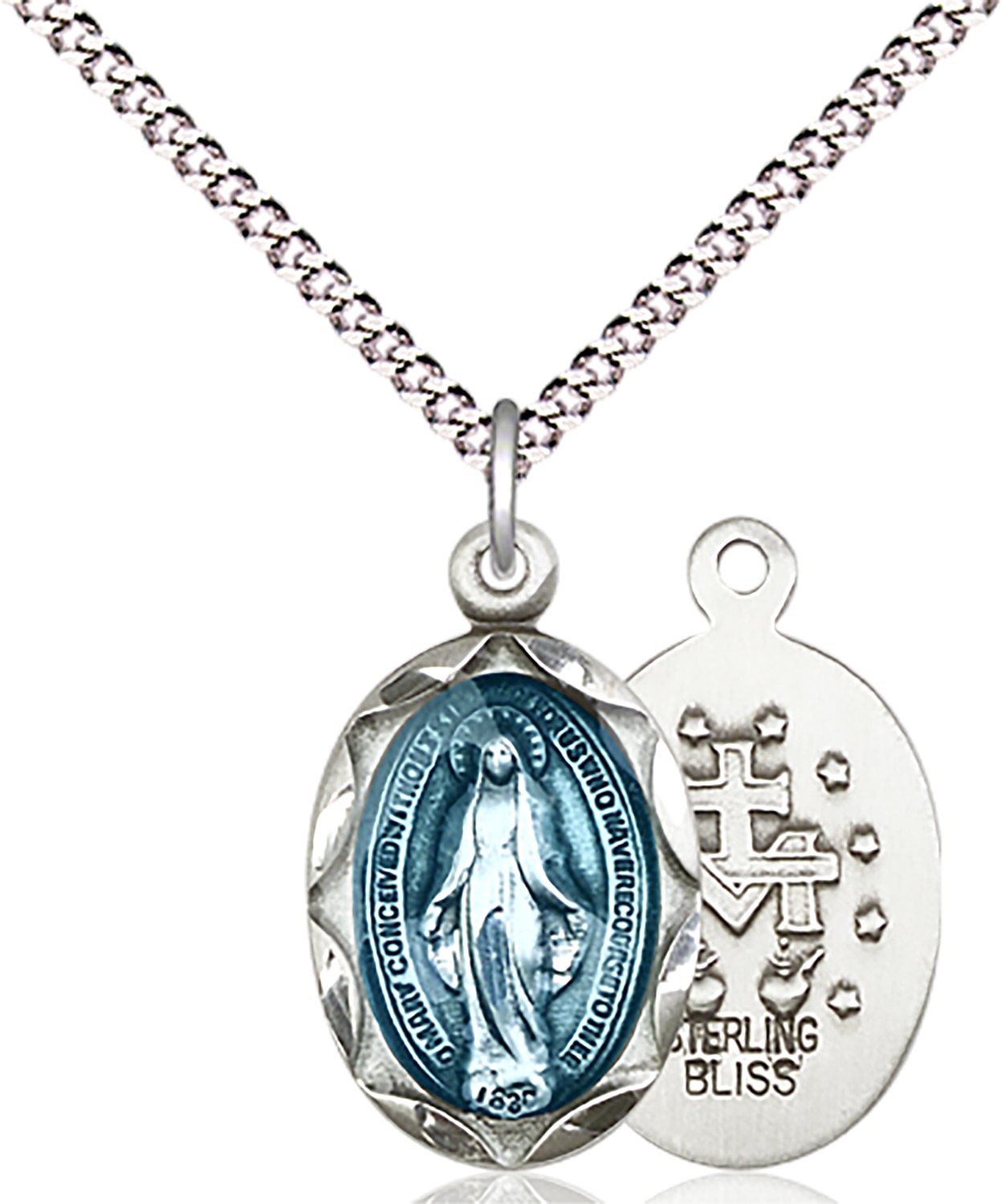 Miraculous Medal with Blue Epoxy.  Medal Measures 3/4-inch tall by 3/8-inch wide  Chain is 18 Inches in length Light Rhodium Light Curb Chain with Lobster Claw Clasp  Hand-Epoxied in Blue Handmade in the USA