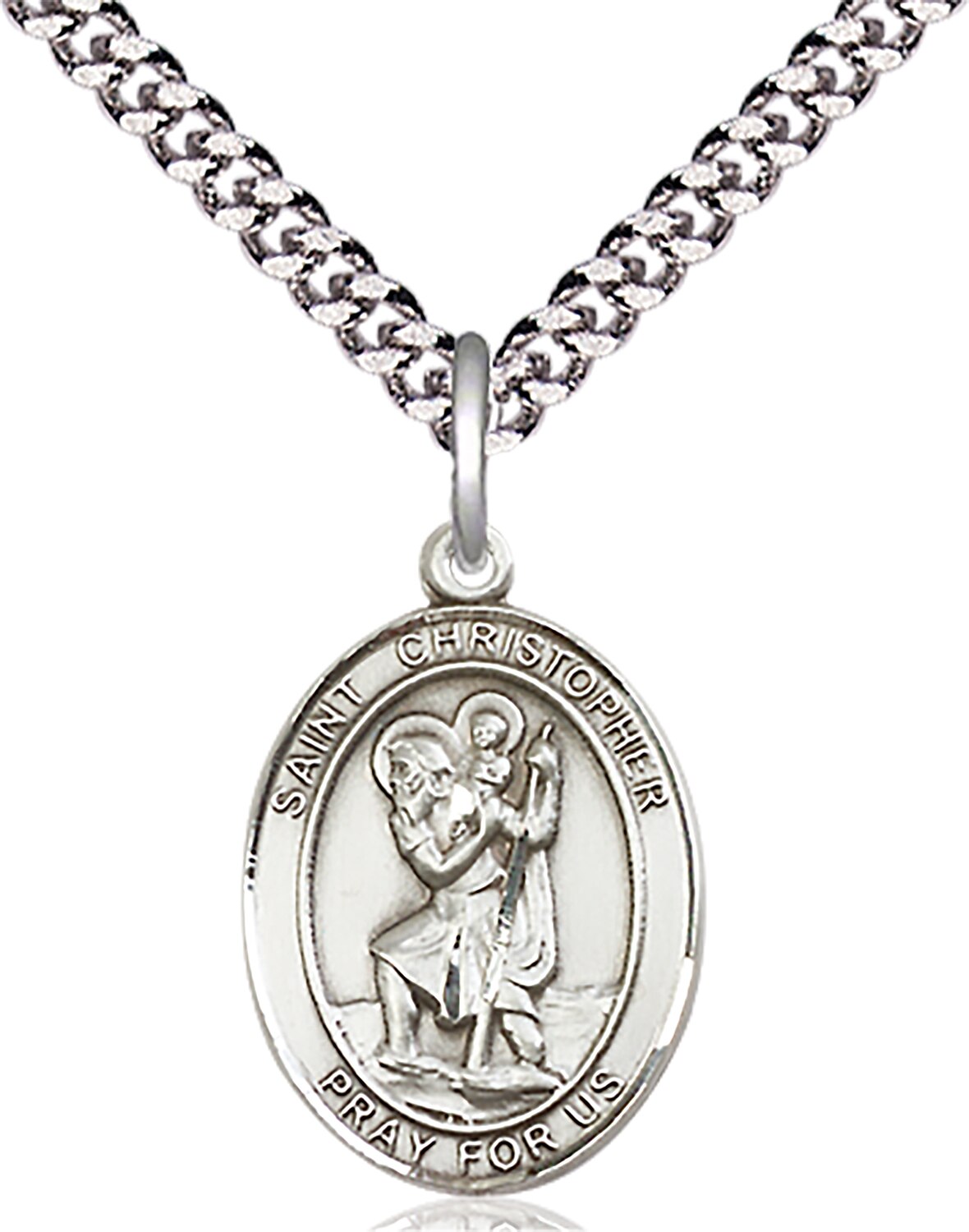 Sterling Silver Saint Christopher Pendant on an 18-inch Light Rhodium Heavy Curb Chain. Handmade in the USA