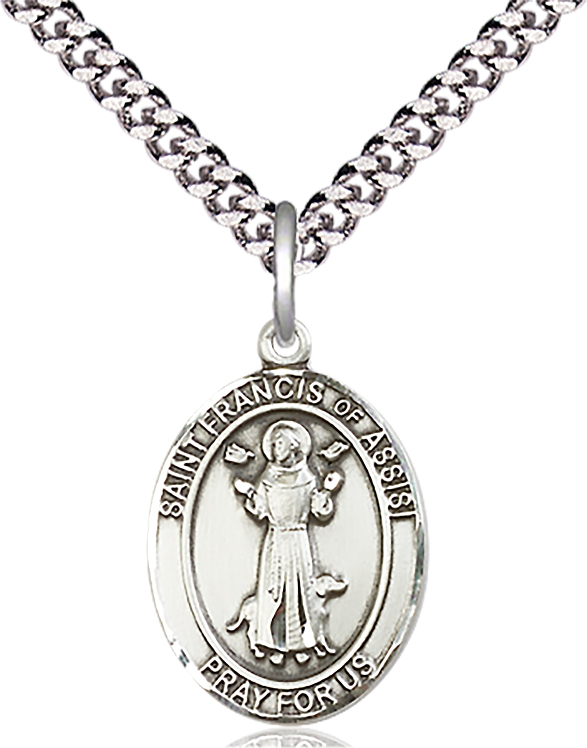 Sterling Silver Saint Francis of Assisi Pendant on an 18-inch Light Rhodium Heavy Curb Chain.  Handmade in the USA