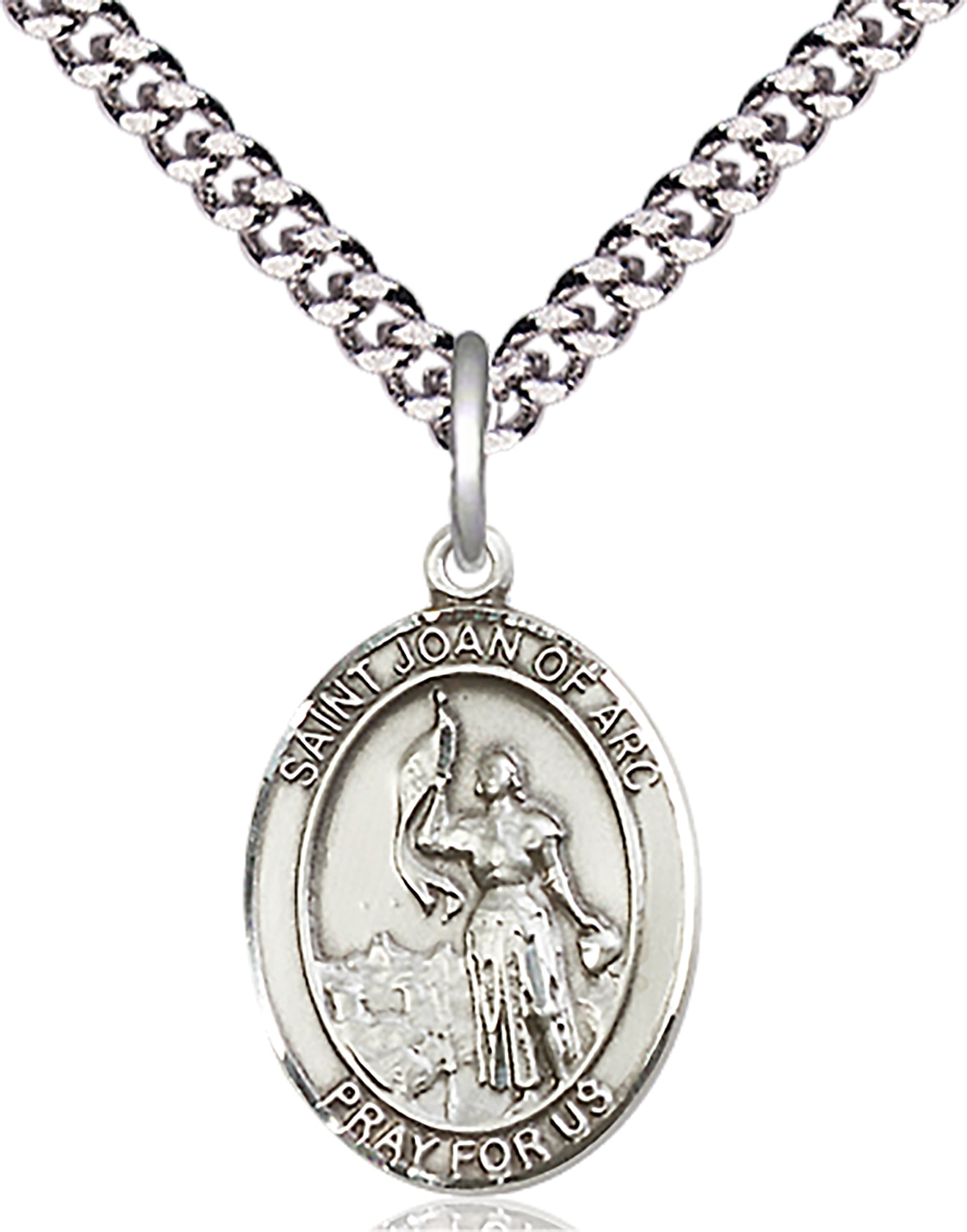 Sterling Silver Saint Joan of Arc Pendant on an 18-inch Light Rhodium Heavy Curb Chain.  Handmade in the USA