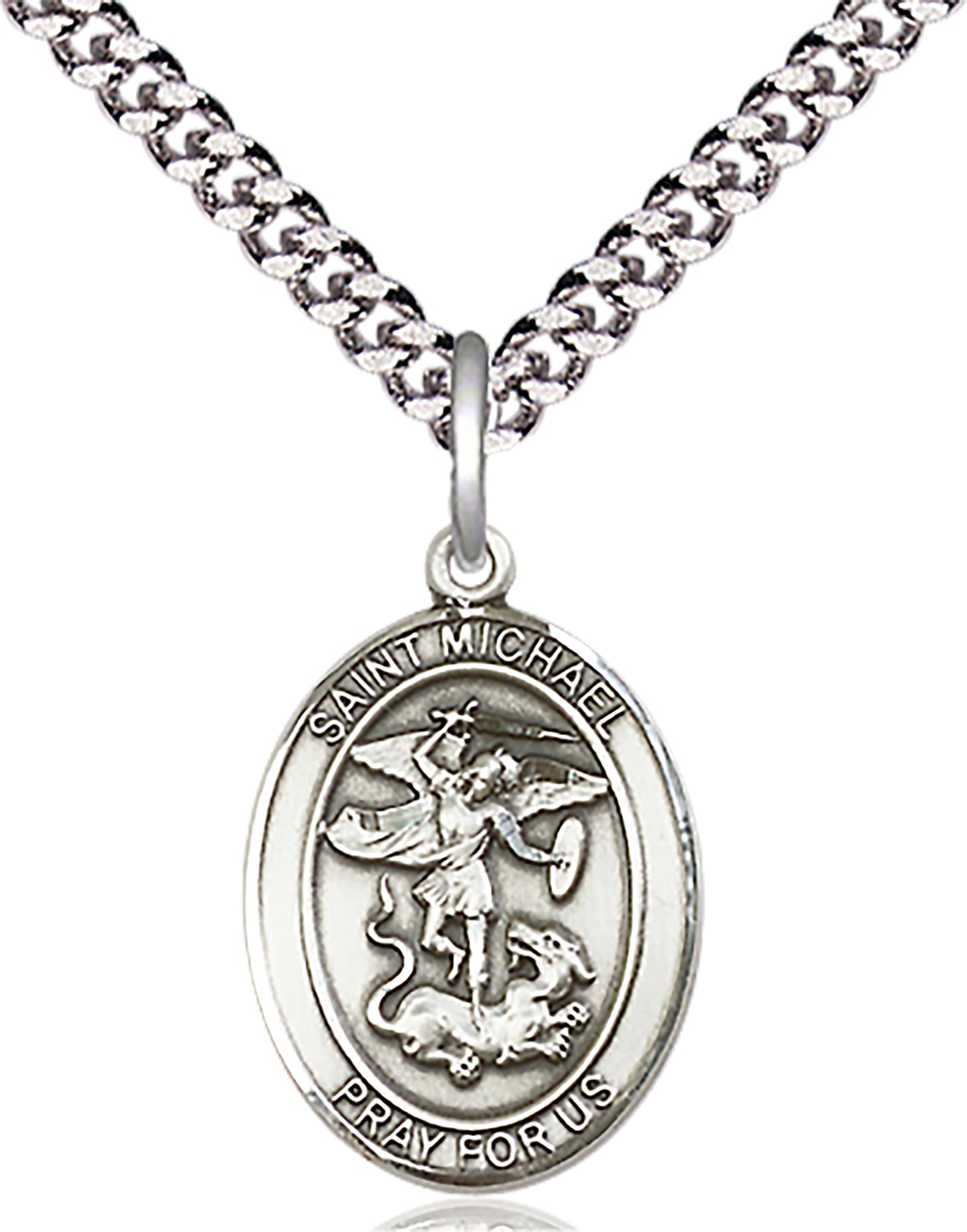 Sterling Silver Saint Michael on an 18-inch Light Rhodium Heavy Curb Chain.  Handmade in the USA