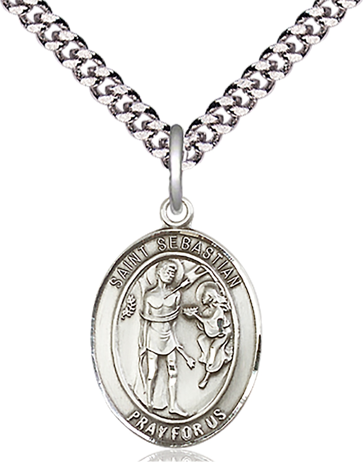 Sterling Silver Saint Sebastian on an 18-inch Light Rhodium Heavy Curb Chain.  Handmade in the USA