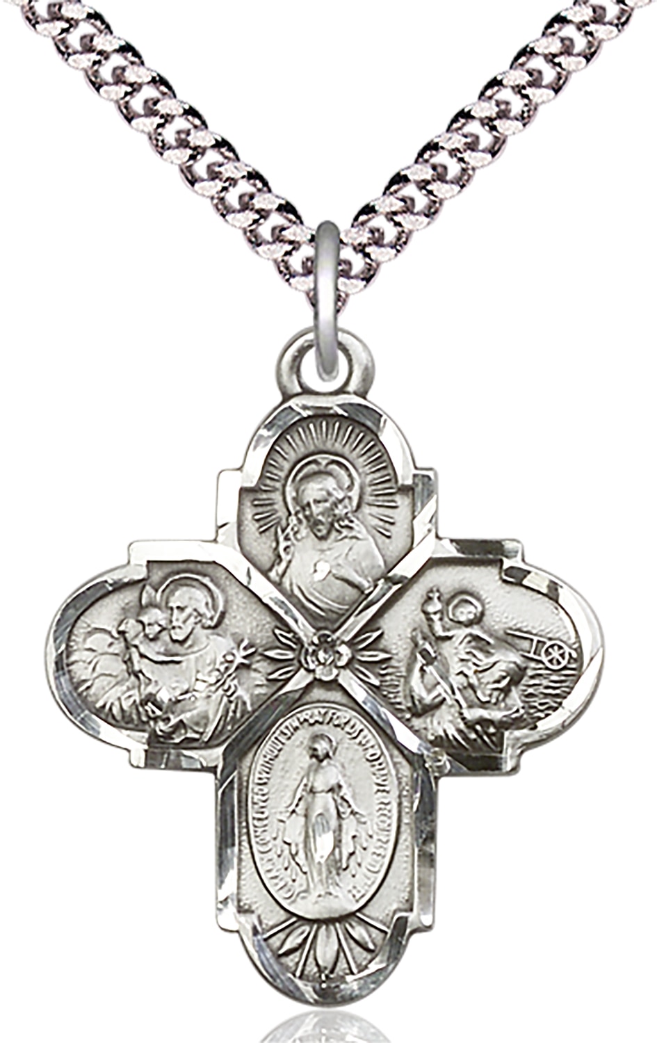 Sterling Silver 4-Way Pendant on an 24-inch Light Rhodium Heavy Curb Chain.  Handmade in the USA