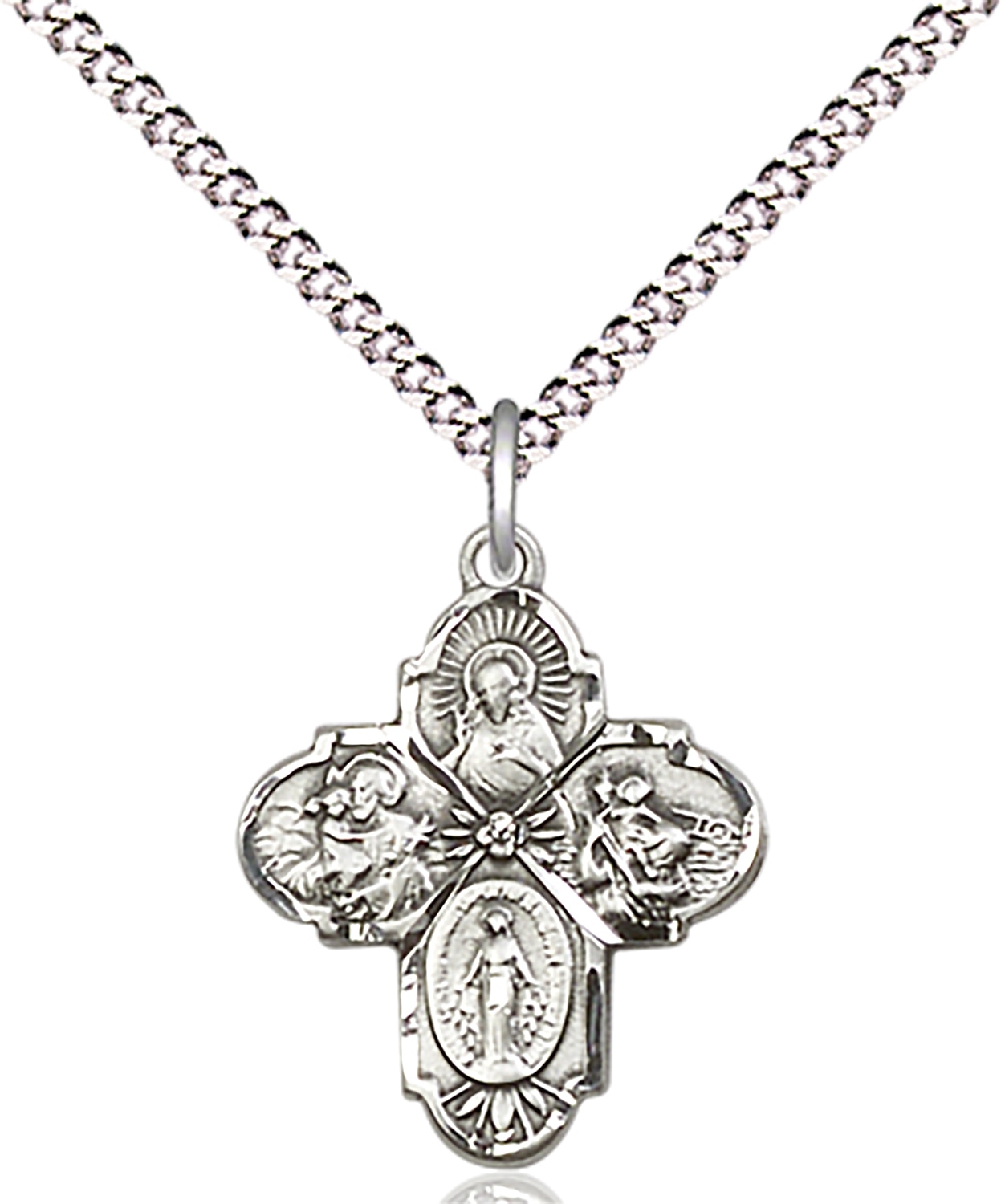 4-Way Medal  The 4-Way Medal features Scapular on the top, Saint Joseph on the right, Miraculous at the bottom and Saint Christopher on the left  Medal Measures 3/4-inch tall by 5/8-inch wide  Chain is 18 Inches in length Light Rhodium Light Curb Cha