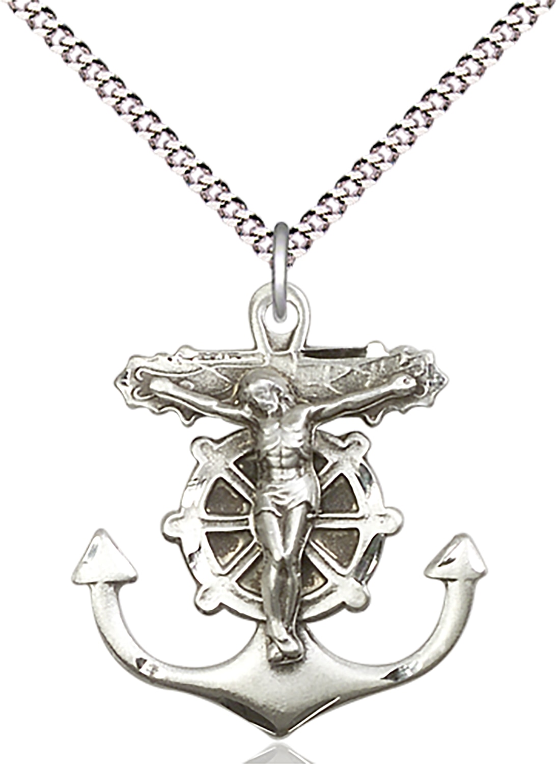 Anchor Crucifix Medal  Medal Measures 1-inch tall by 7/8-inch wide  Chain is 18 Inches in length Light Rhodium Light Curb Chain with Lobster Claw Clasp Handmade in the USA