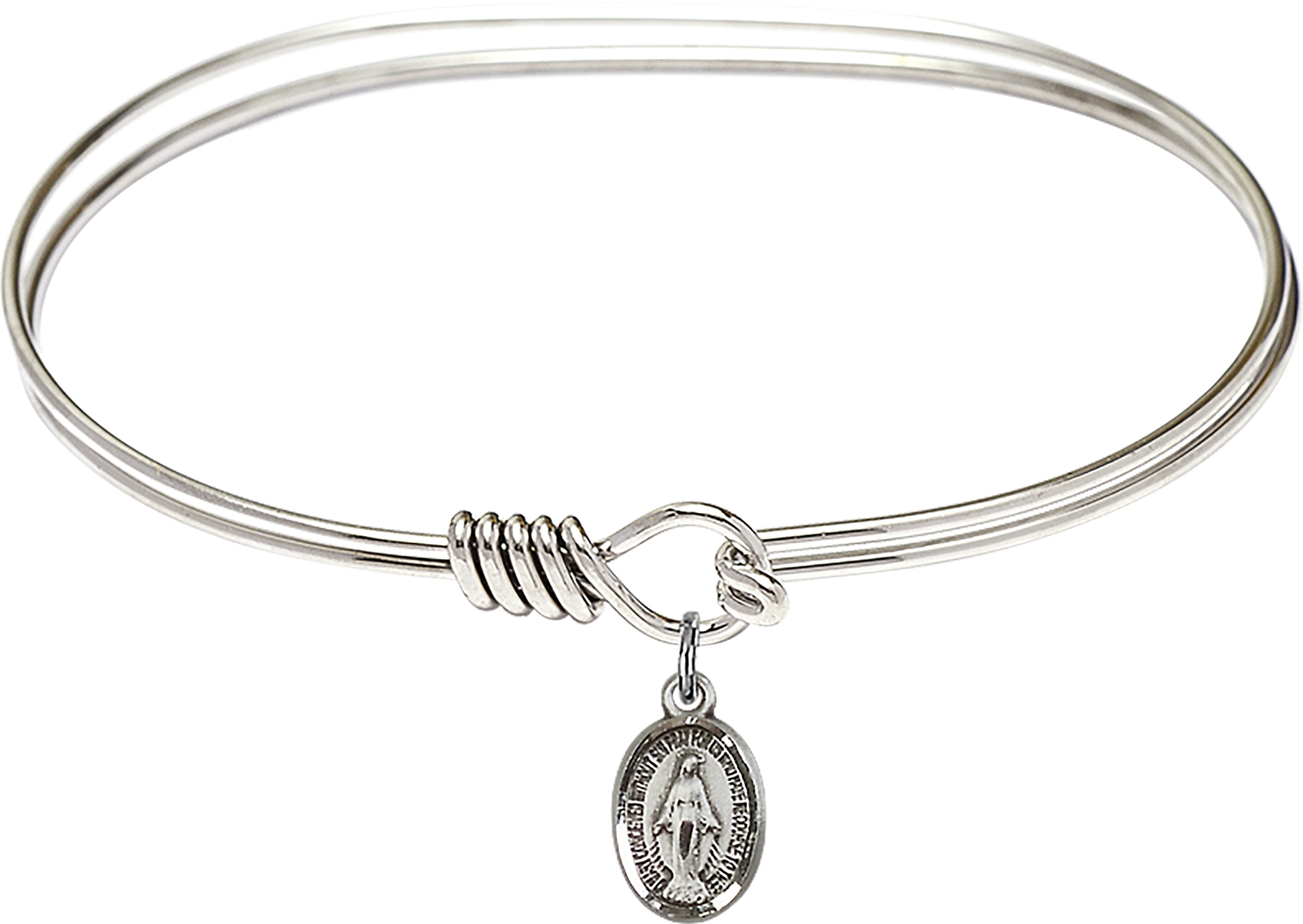 The bracelet is a Rhodium 7 inch Oval Eye Hook Bangle Bracelet  The charm is a Sterling Silver Miraculous  The charm measures 1/4-inch tall and 1/2-inch wide Handmade in the USA