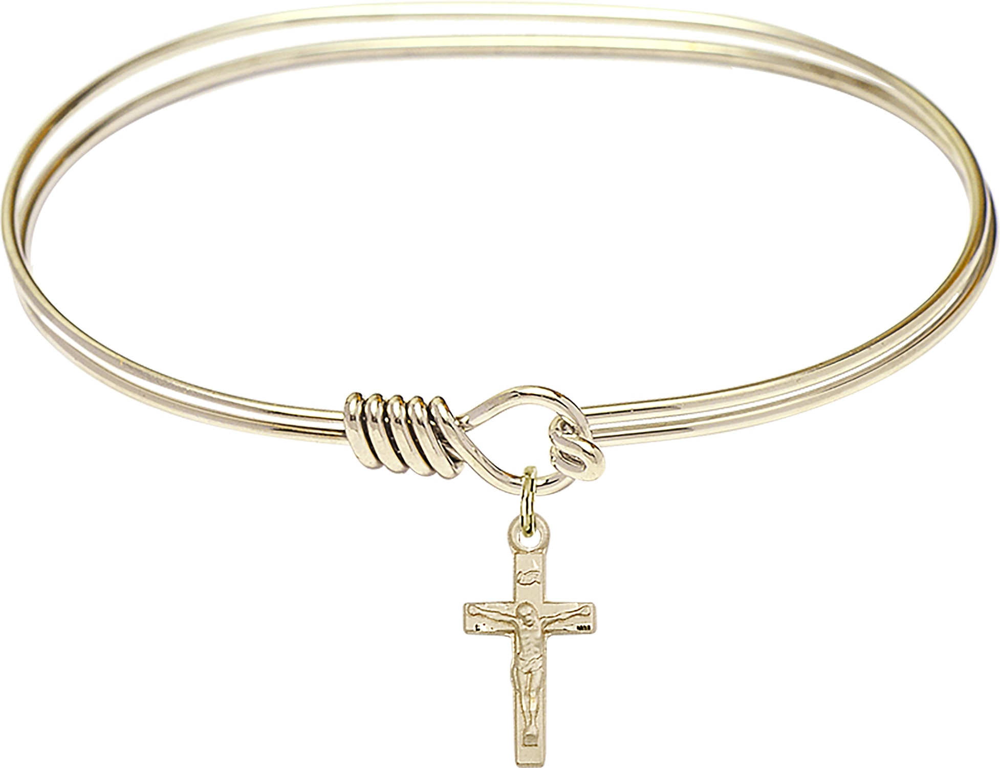 The bracelet is a Hamilton Gold 7 inch Oval Eye Hook Bangle Bracelet  The charm is a 14kt Gold Filled Crucifix  The charm measures 1/4-inch tall and 5/8-inch wide Handmade in the USA