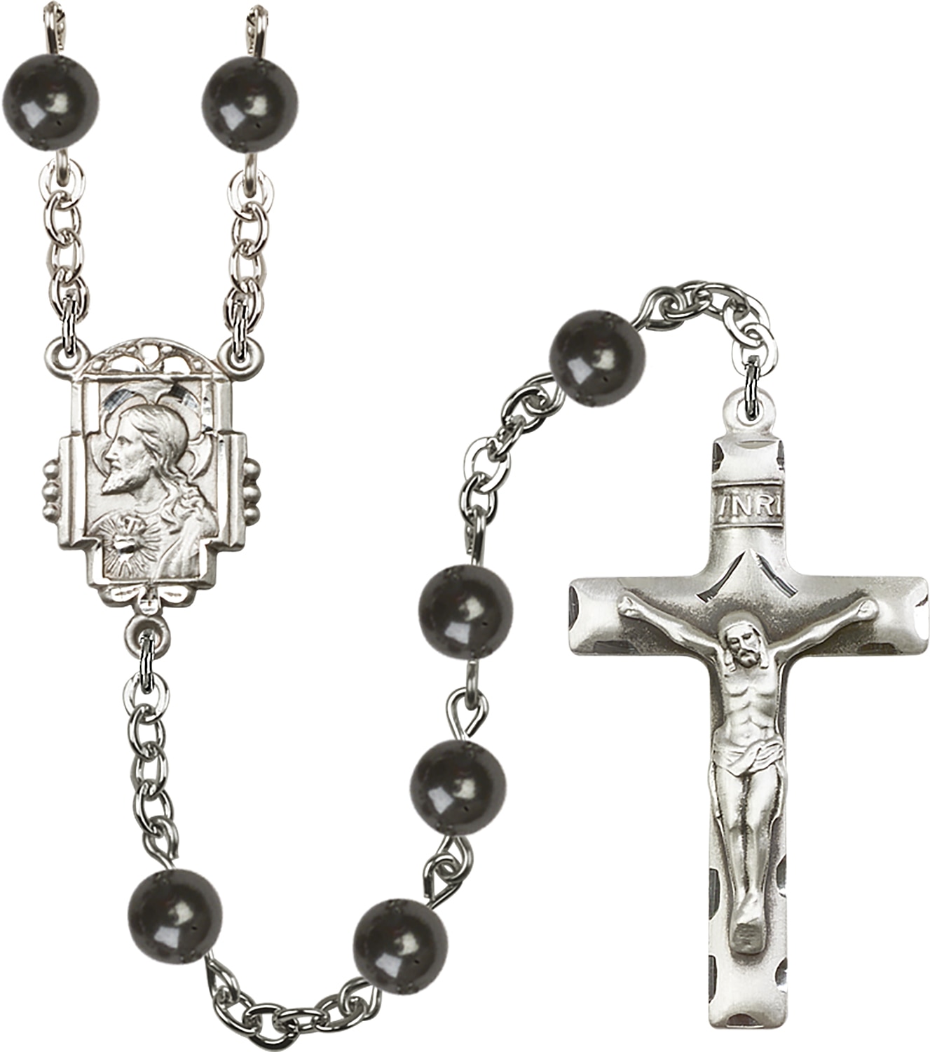 Rosary is Silver-Plated with 7mm Black Beads   Crucifix is 1 5/8-inch tall and 7/8-inch wide   Sacred Heart centerpiece is 7/8-inch tall and 1/2-inch wide Handmade in the USA