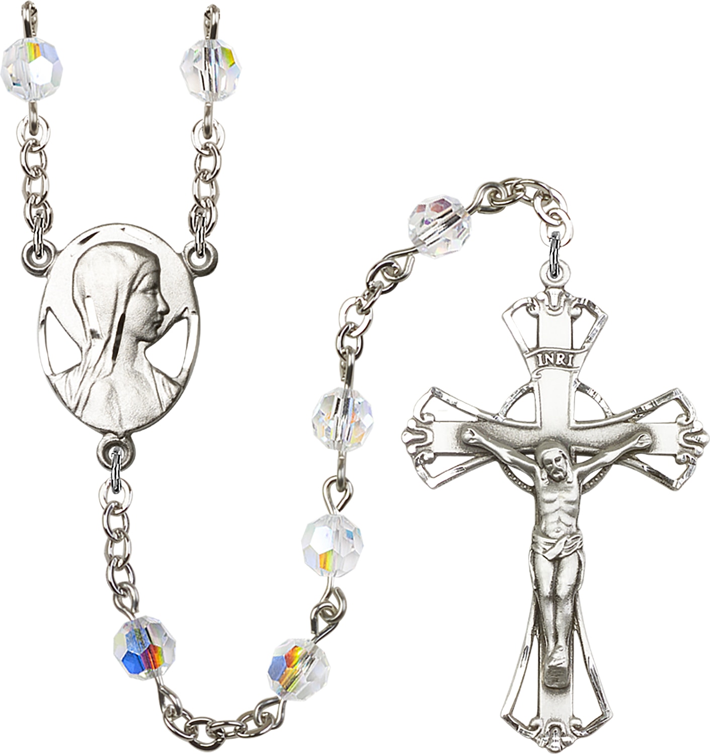 Rosary is Silver-Plated with 6mm Austrian Crystal beads with aurora borealis (prism-like effect)   Crucifix is 1 3/4-inch tall and 1 1/8-inch wide   Madonna Mary centerpiece is 7/8-inch tall and 5/8-inch wide Handmade in the USA