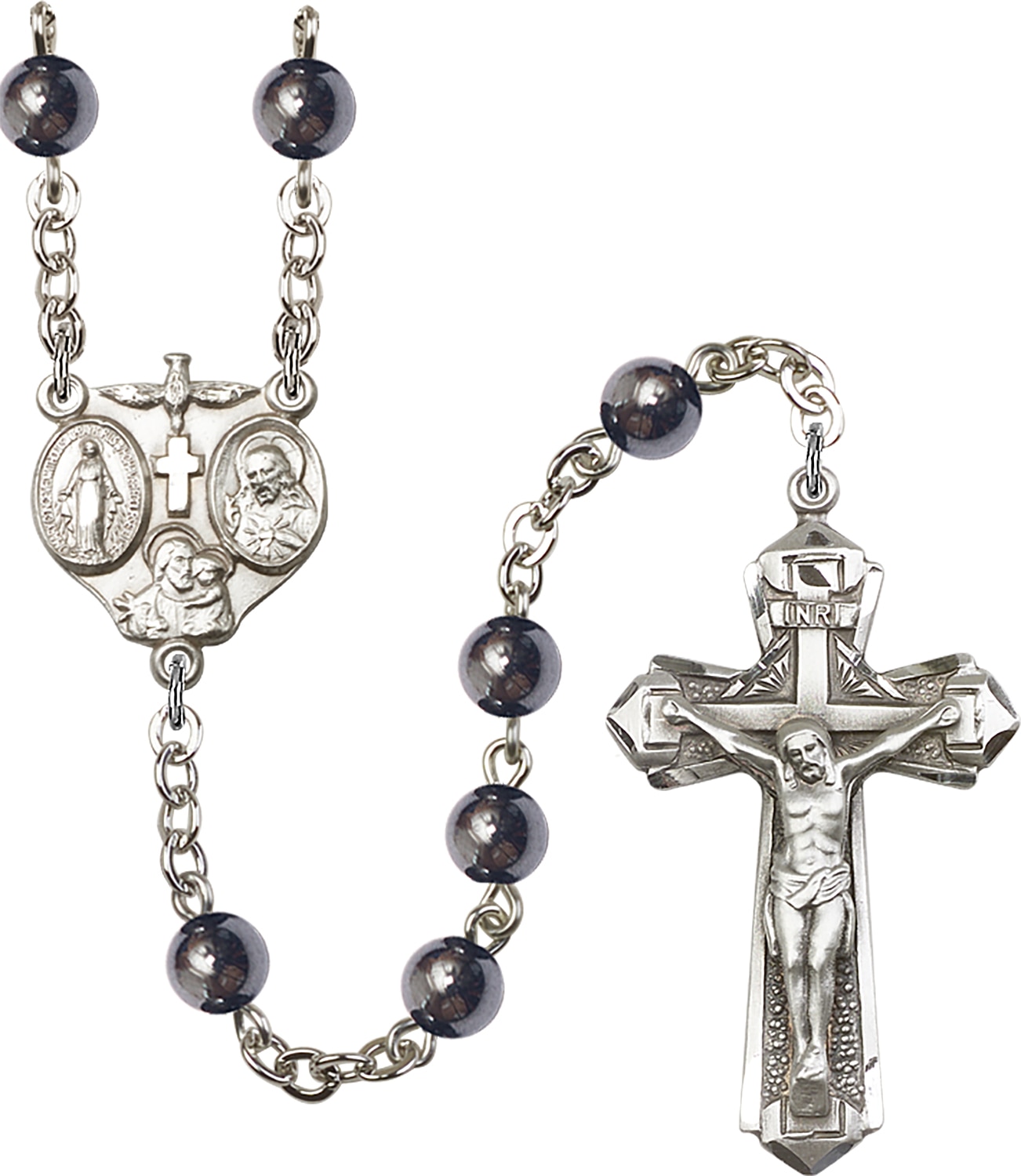 Rosary is Silver-Plated with 6mm Hematite Beads   3-way centerpiece highlights the Holy Spirit image on the top, the Sacred Heart on the right, St. Joseph on the bottom, the Miraculous Medal on the left and a Cross image in the center   Crucifix is P