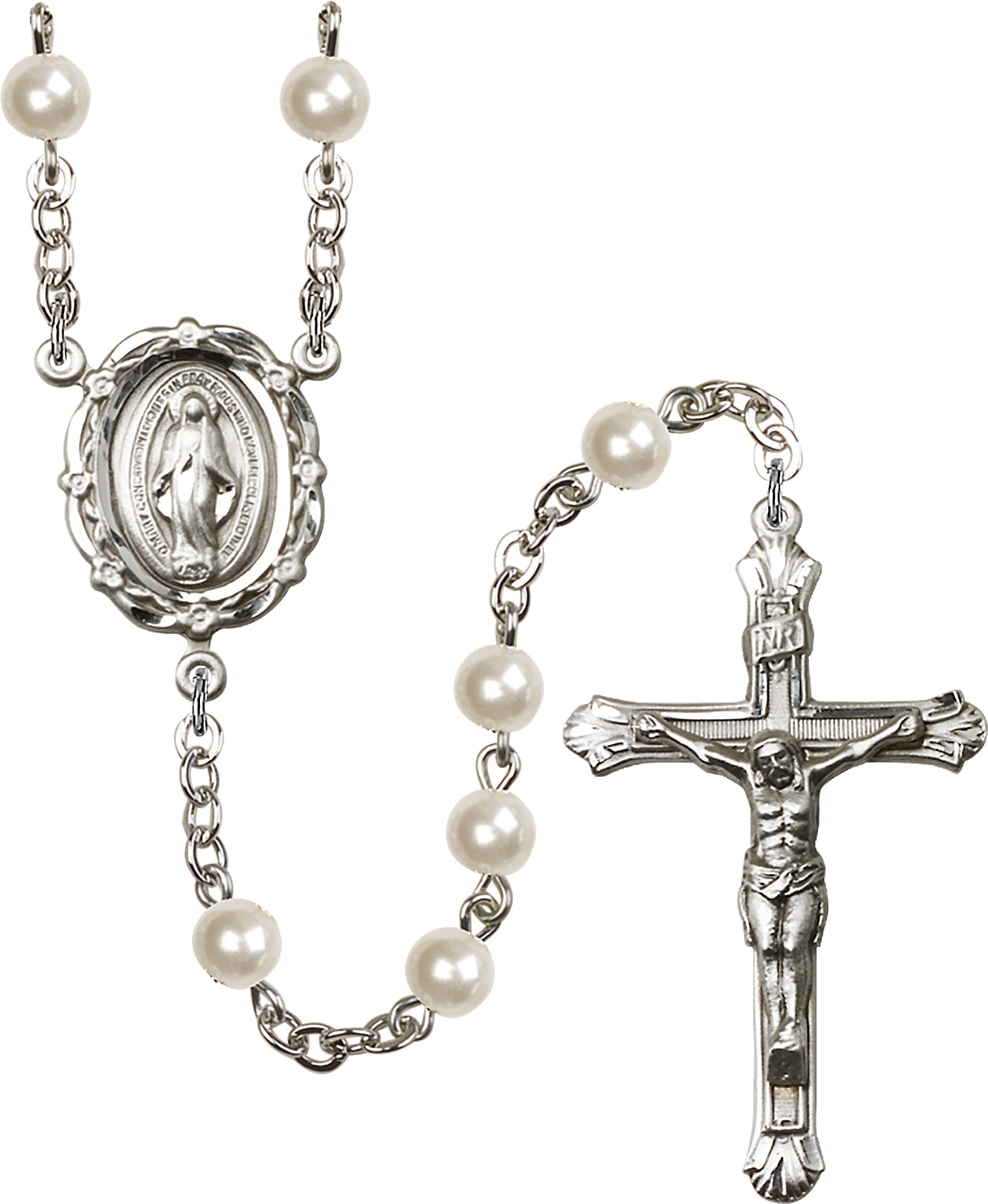 Rosary is Silver-Plated with 6mm Imitation Pearl beads   Crucifix is 1 3/4-inch tall and 1-inch wide   Miraculous centerpiece is 7/8-inch tall and 5/8-inch wide Handmade in the USA