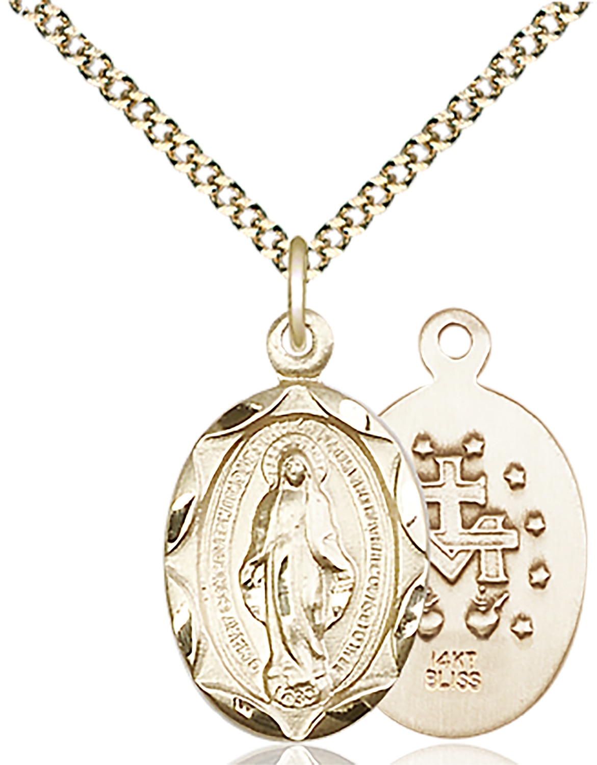 14kt Gold Filled Miraculous Pendant on an 18-inch Gold Plate Light Curb Chain.  Handmade in the USA