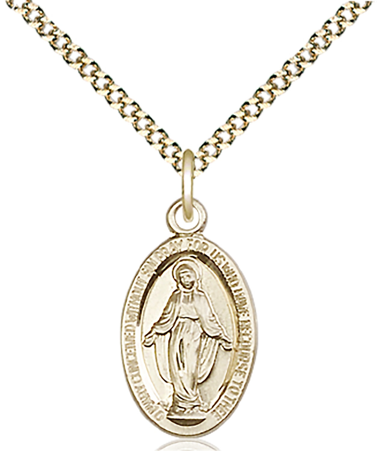 14kt Gold Filled Miraculous Pendant on an 18-inch Gold Plate Light Curb Chain.  Handmade in the USA