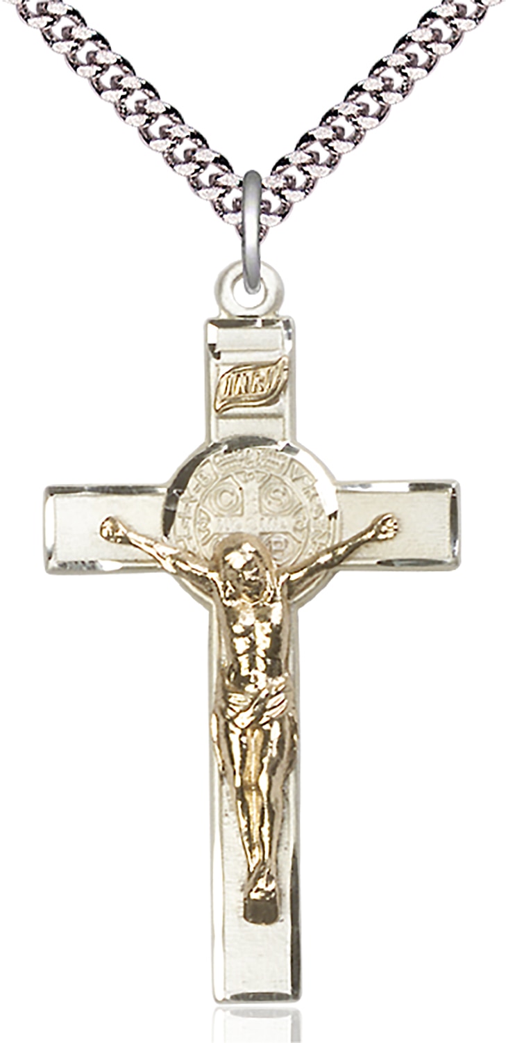 Two-Tone GF/SS Saint Benedict Crucifix Pendant on an 24-inch Light Rhodium Heavy Curb Chain.  Handmade in the USA