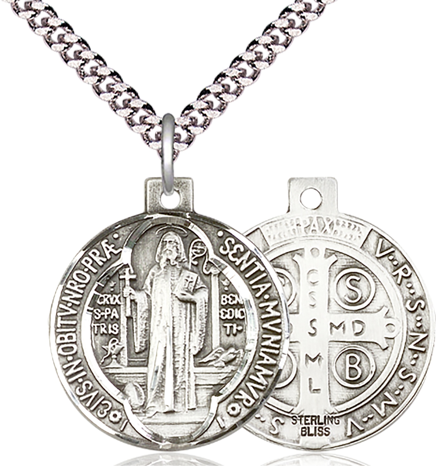 Sterling Silver Saint Benedict Pendant on an 24-inch Light Rhodium Heavy Curb Chain.  Handmade in the USA