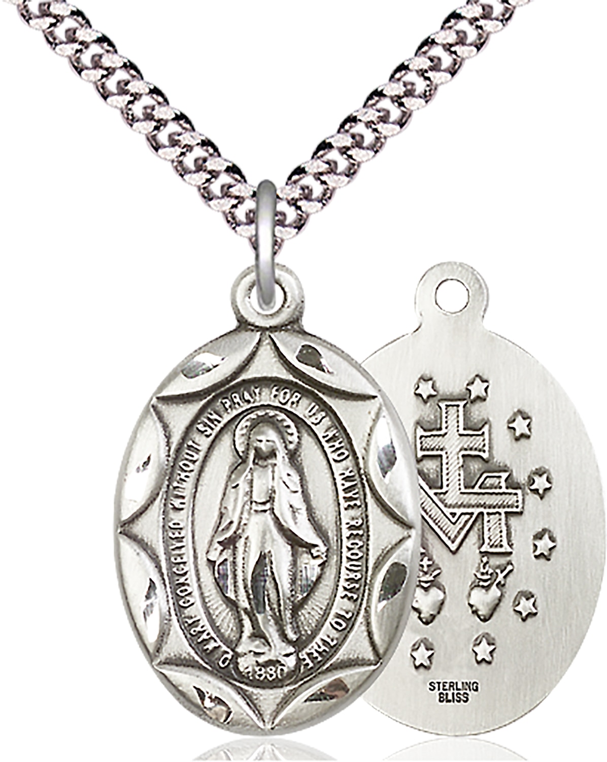 Sterling Silver Miraculous Pendant on an 24-inch Light Rhodium Heavy Curb Chain.  Handmade in the USA