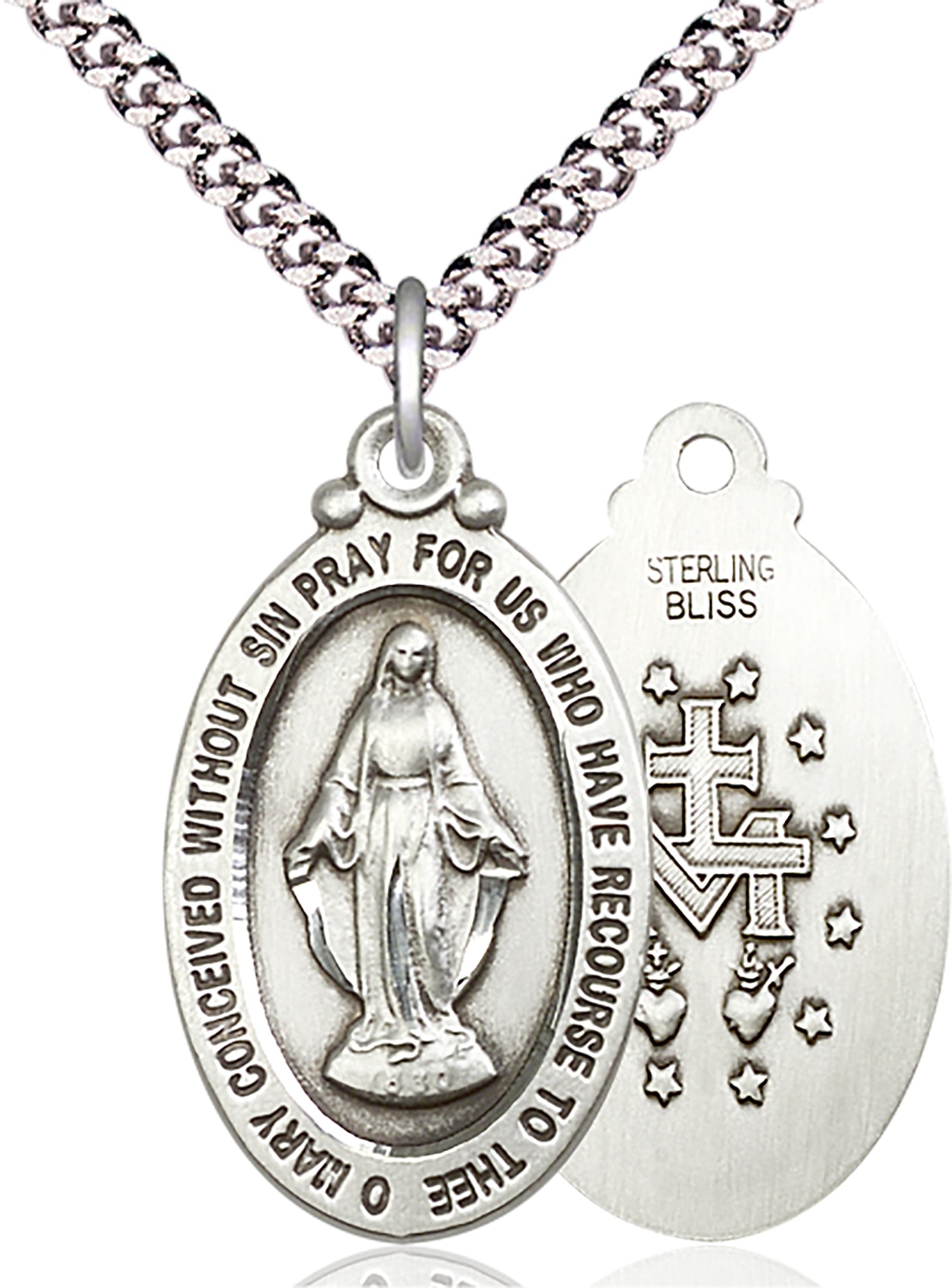 Sterling Silver Miraculous Pendant on an 24-inch Light Rhodium Heavy Curb Chain.  Handmade in the USA