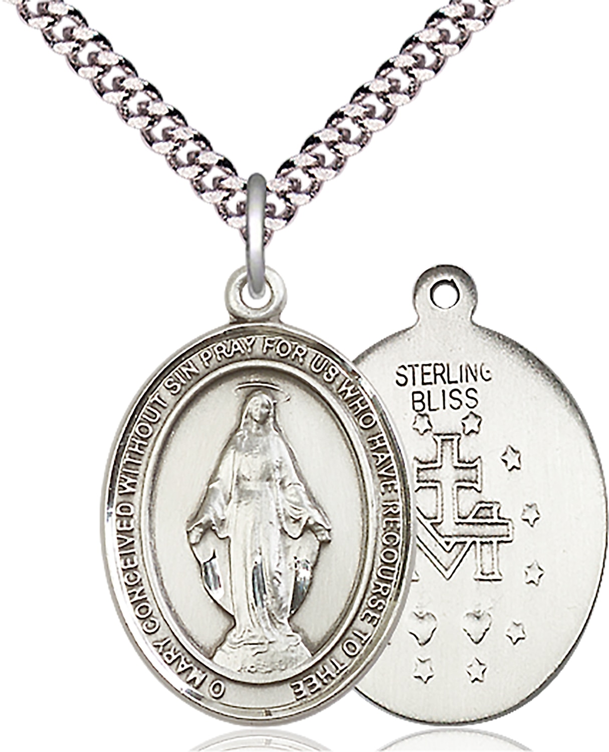 Sterling Silver Miraculous Pendant on an 24-inch Light Rhodium Heavy Curb Chain.  Handmade in the USA