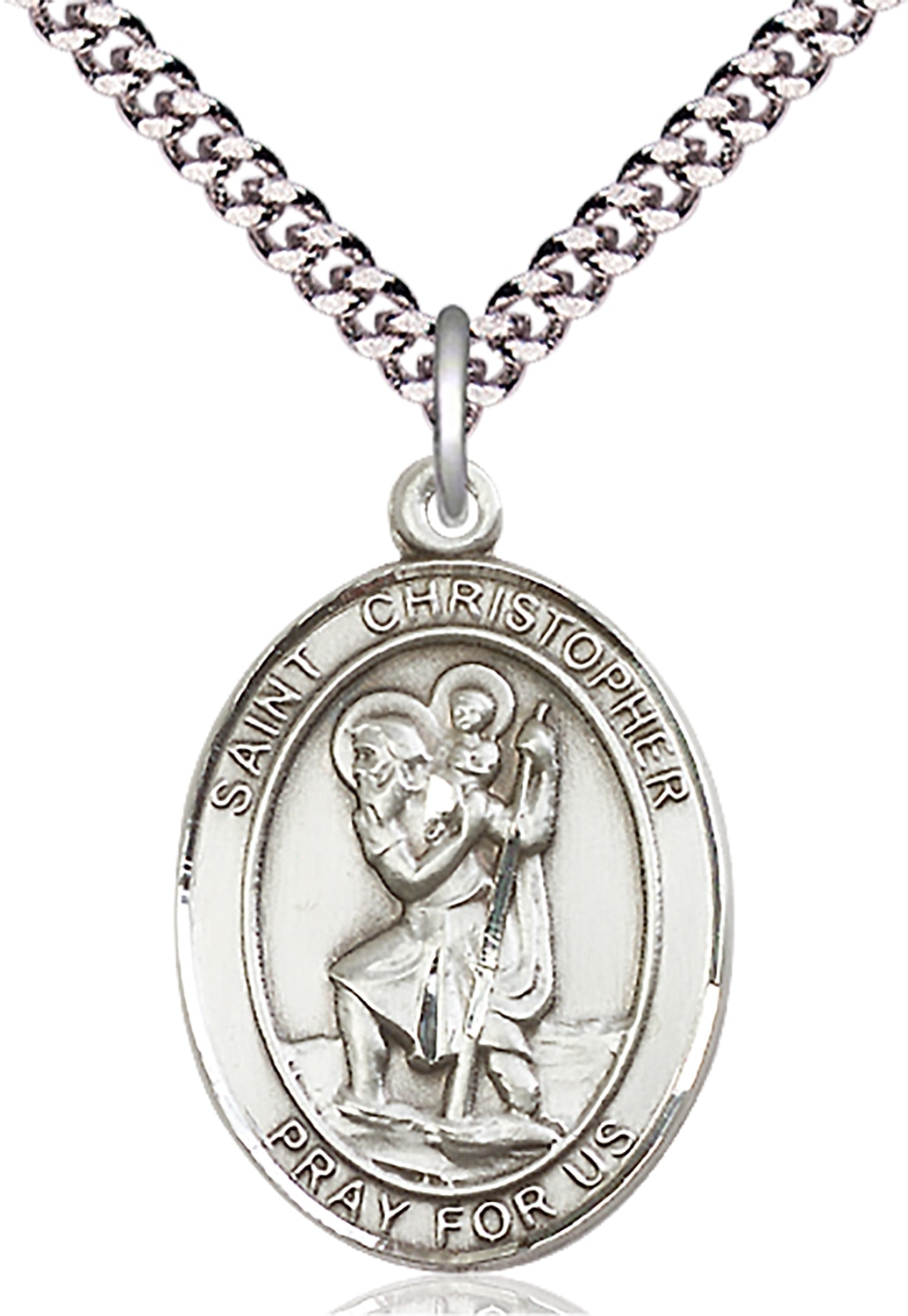 Sterling Silver Saint Christopher Pendant on an 24-inch Light Rhodium Heavy Curb Chain.  Handmade in the USA