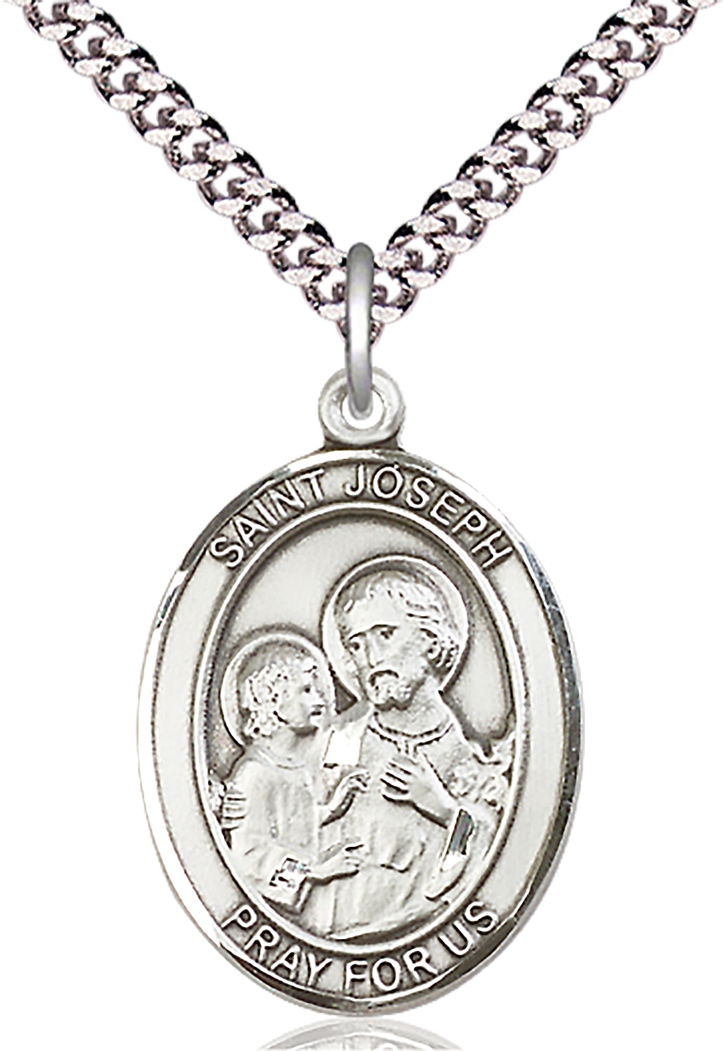 Sterling Silver Saint Joseph Pendant on an 24-inch Light Rhodium Heavy Curb Chain.  Handmade in the USA